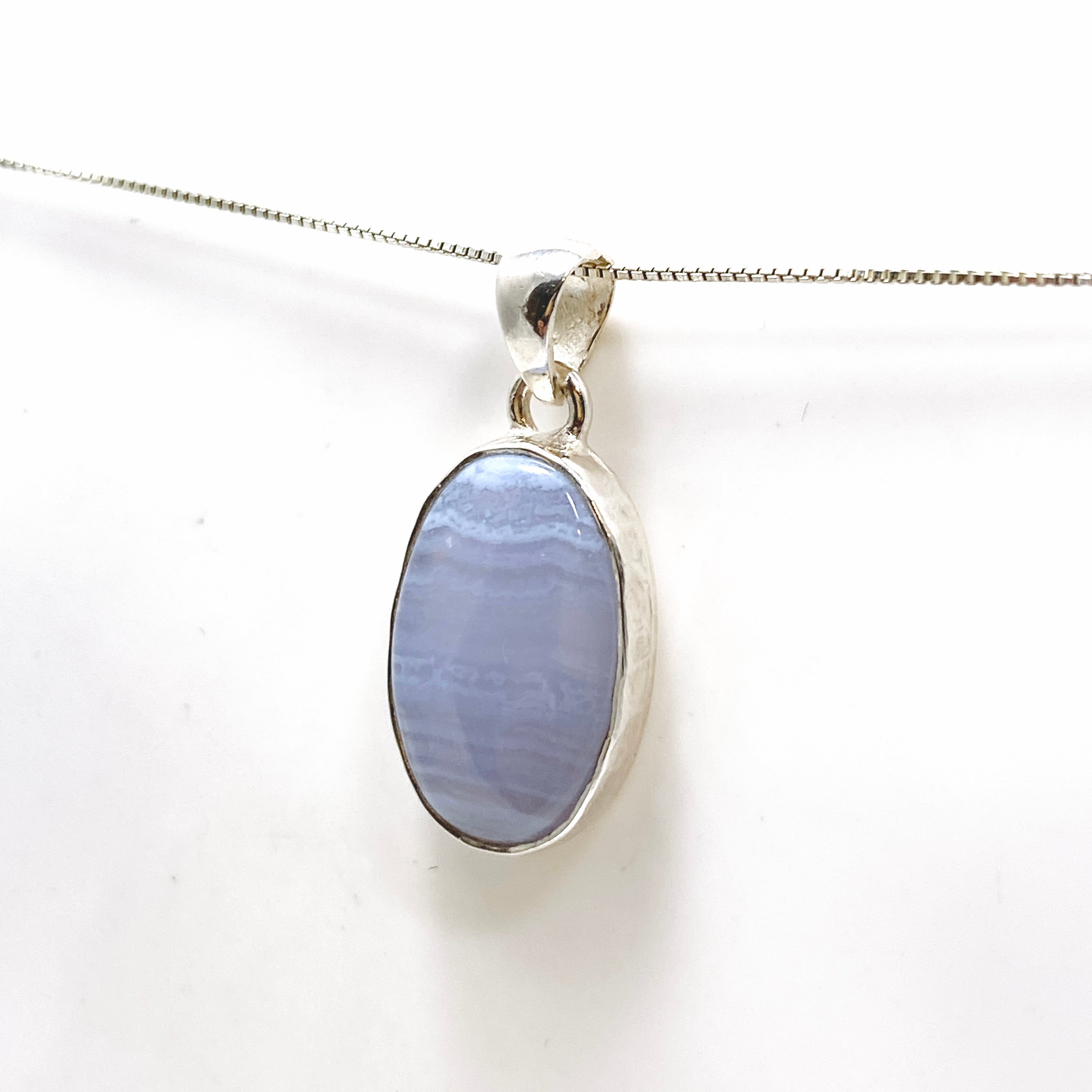 Blue Lace Agate Oval Cabochon Pendant in Hammered Sterling Silver Setting KPGJ4818 - Perfect for Boho Jewelry & Spiritual Healing