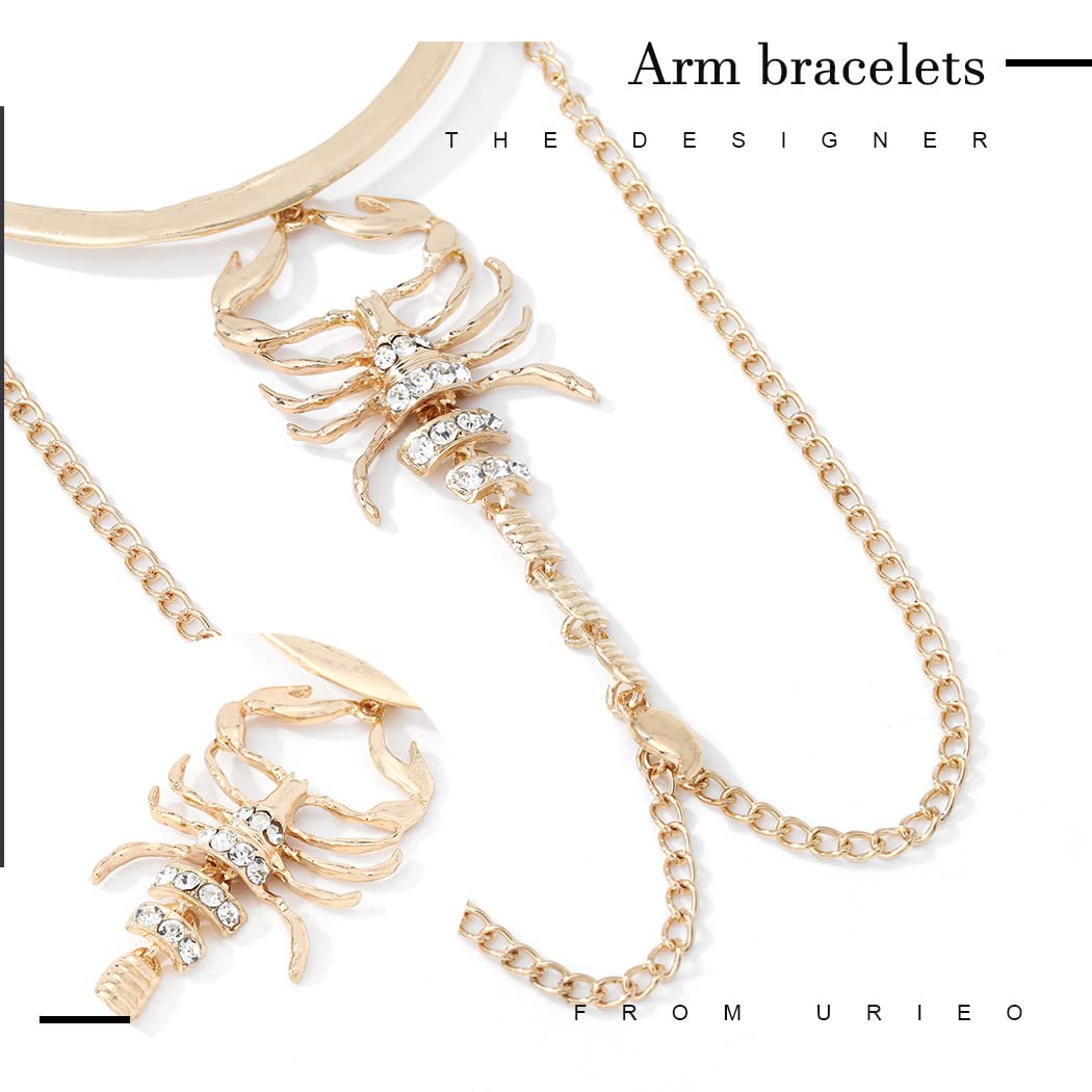 Urieo Scorpion Cuff Arm Bracelet - Gold Rhinestone Crystal Open Upper Arm Band with Tassel Chain, Elegant Bangle Jewelry for Women | Perfect for Raves, Parties, and Evening Events