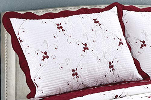 Ultra Soft 3-Piece Burgundy Floral Quilt Set with Embroidered Stitching - California King Size Bedspread & 2 Quilted Shams | Perfect for Summer Bedding, Guest Room Decor & Coastal Home Styling
