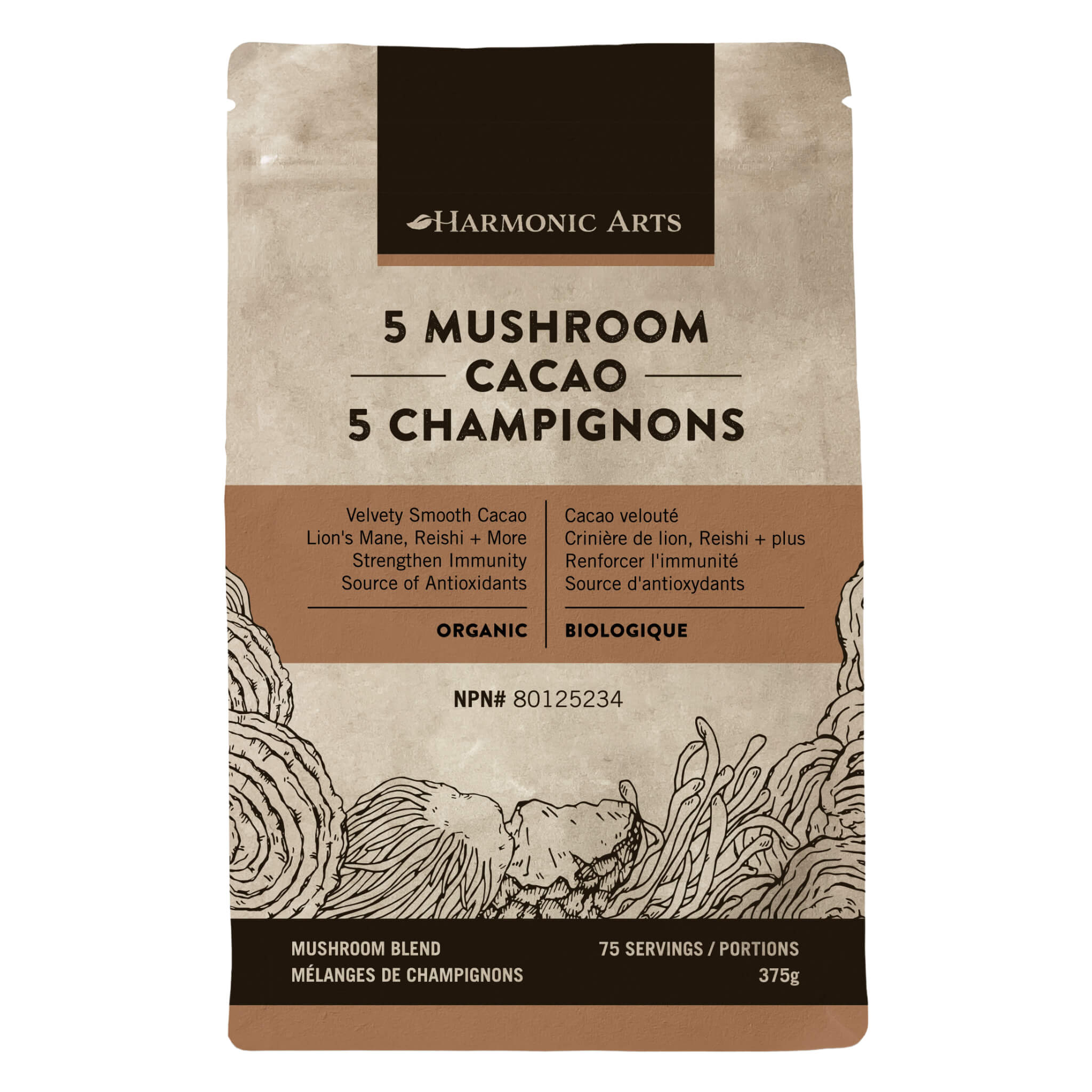 Organic 5 Mushroom Cacao Herbal Latte Mix - Reishi, Chaga, Cordyceps, Lion's Mane & Turkey Tail - Immune Support & Focus Booster - Perfect for Morning Energy or Afternoon Pick-Me-Up