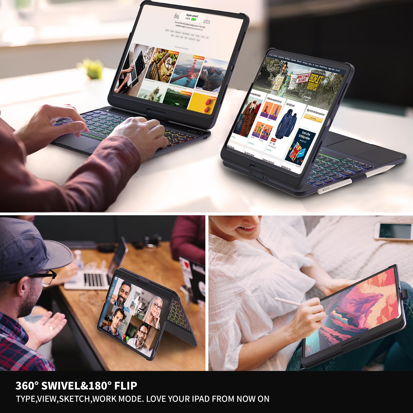 BABG iPad Air 11 (M2, 2024) & iPad Pro 11 Inch (4th/3rd/2nd/1st Gen) & iPad Air 5th/4th Gen Keyboard Case - 360° Swivel, Multi-Touchpad, Backlit Keys, Large Battery - Black | Perfect for Work, Travel & Home Office Use