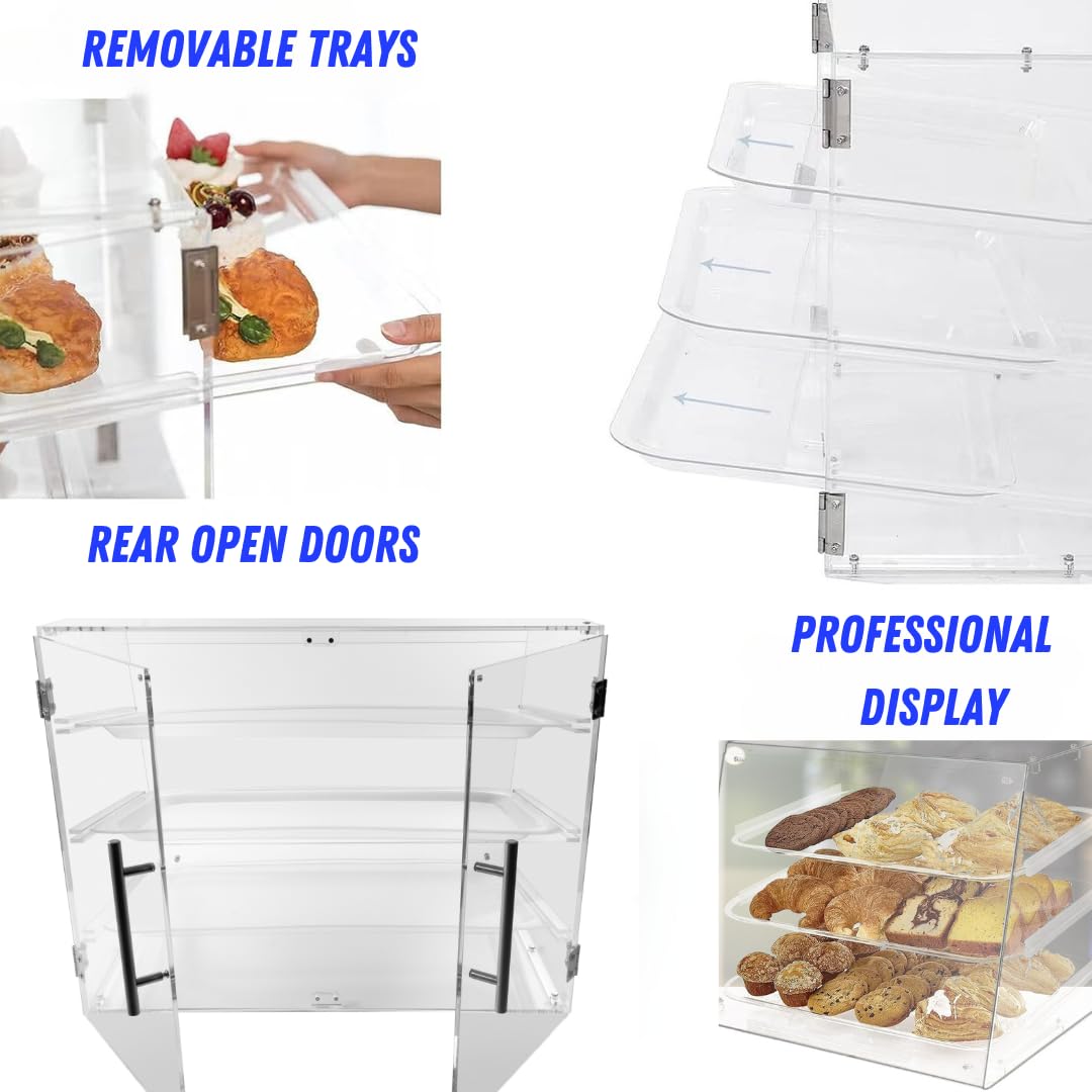 3-Tier Commercial Bakery Display Case with Rear Door - Countertop Pastry Showcase for Cookies, Cakes & Baked Goods - Includes Serving Tongs & Dough Scraper - Perfect for Bakeries, Cafés & Dessert Shops