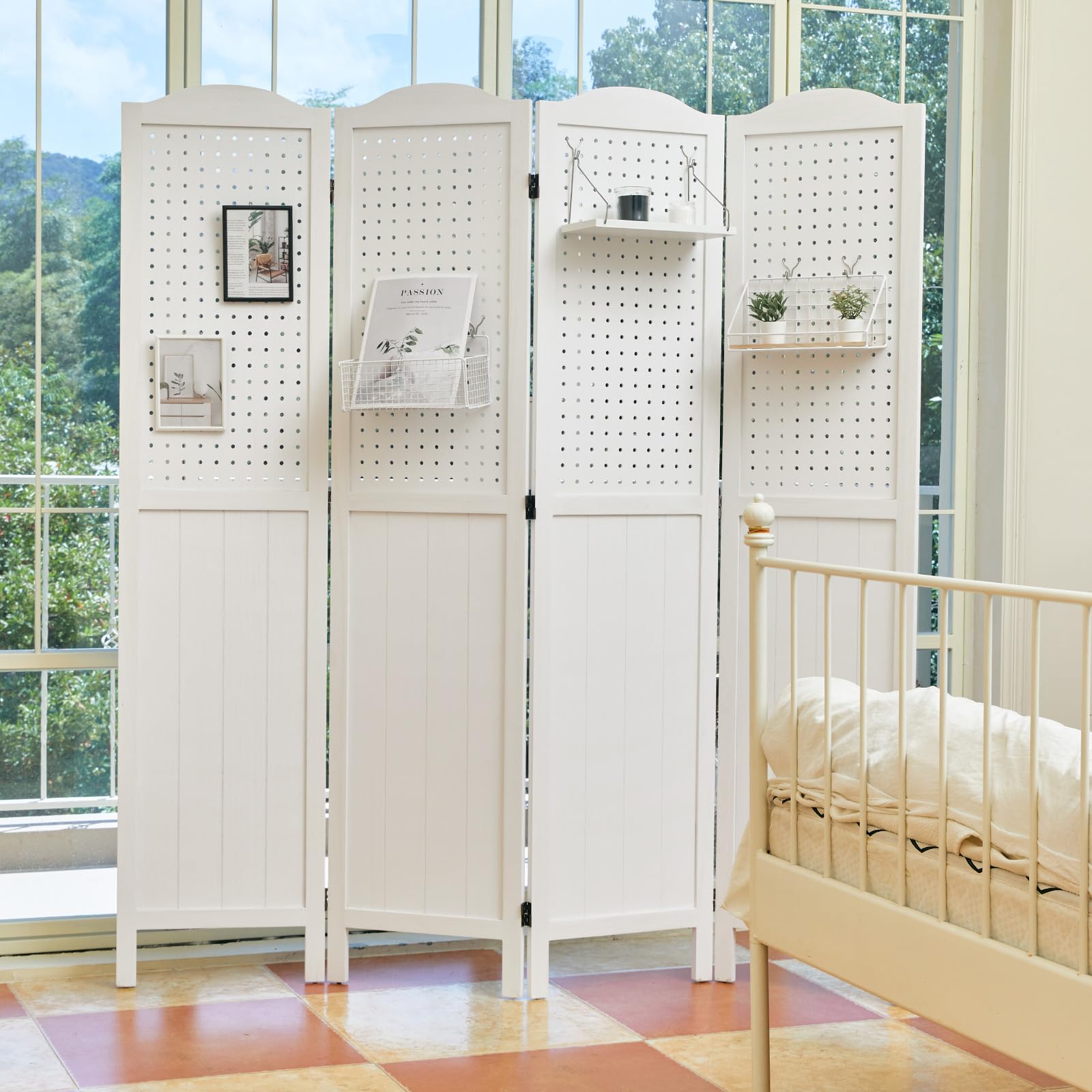4 Panel Wooden Pegboard Display - 5.75Ft Freestanding Room Divider & Privacy Screen for Craft Fairs, Exhibitions, Trade Shows - White Folding Partition for Booth Decoration & Retail Display - Perfect for Craft Rooms, Home Offices, and Event Spaces