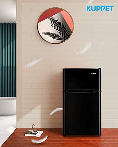 3.2 Cu.Ft Mini Compact Refrigerator with Freezer - Double Door Small Fridge for Dorm, Office, Garage, Basement, RV & Camping - Energy Efficient Black Mini Fridge (Perfect for Snacks, Drinks & Small Spaces)