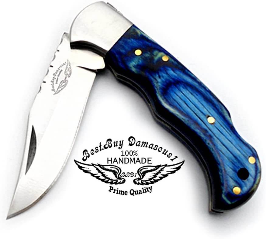 Handmade 6.5 Inch Blue Bolster Wood Pocket Knife Set - Perfect for Camping, Hiking & Outdoor Adventures