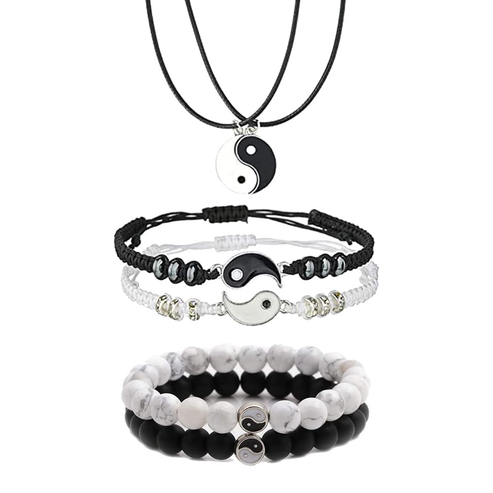 Yin Yang Couple Bracelet and Necklace Set - 6 Piece Adjustable Handmade Friendship Bracelets for Couples, Best Relationship Gifts for Valentine's Day, Anniversary & Romantic Occasions | Perfect for Matching Couple Outfits and Meaningful Gift Giving