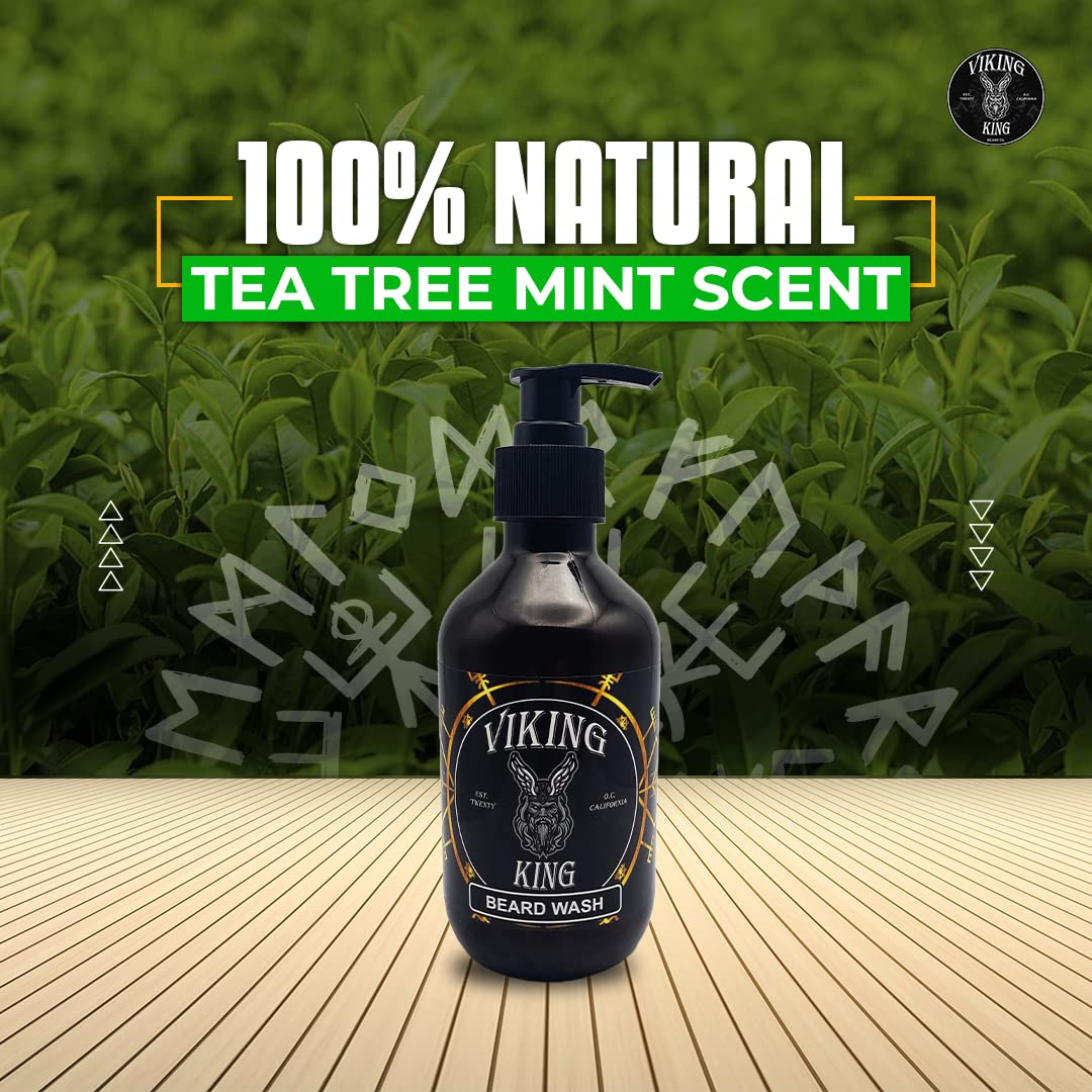 Viking King Beard Wash with Tea Tree & Mint - 300ml Natural Beard Shampoo for Men - Hydrating & Cleansing for Soft, Healthy Facial Hair - Perfect for Daily Grooming & Styling