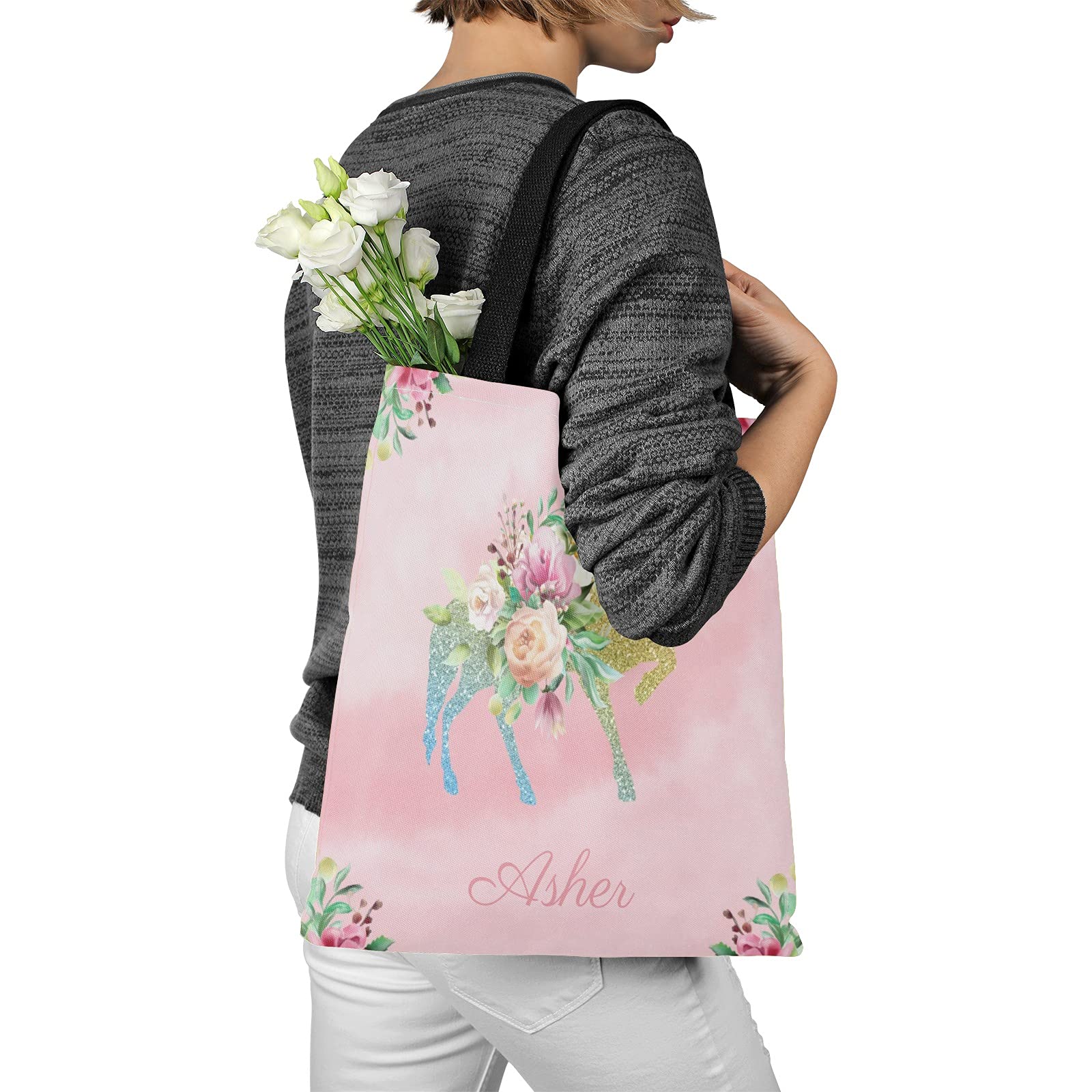 Personalized Deer Floral Pink Canvas Tote Bags for Women & Kids - Reusable Shopping Bags, Travel Tote, School Handbag Gift - Perfect for Grocery Shopping, Beach Trips, and Daily Use