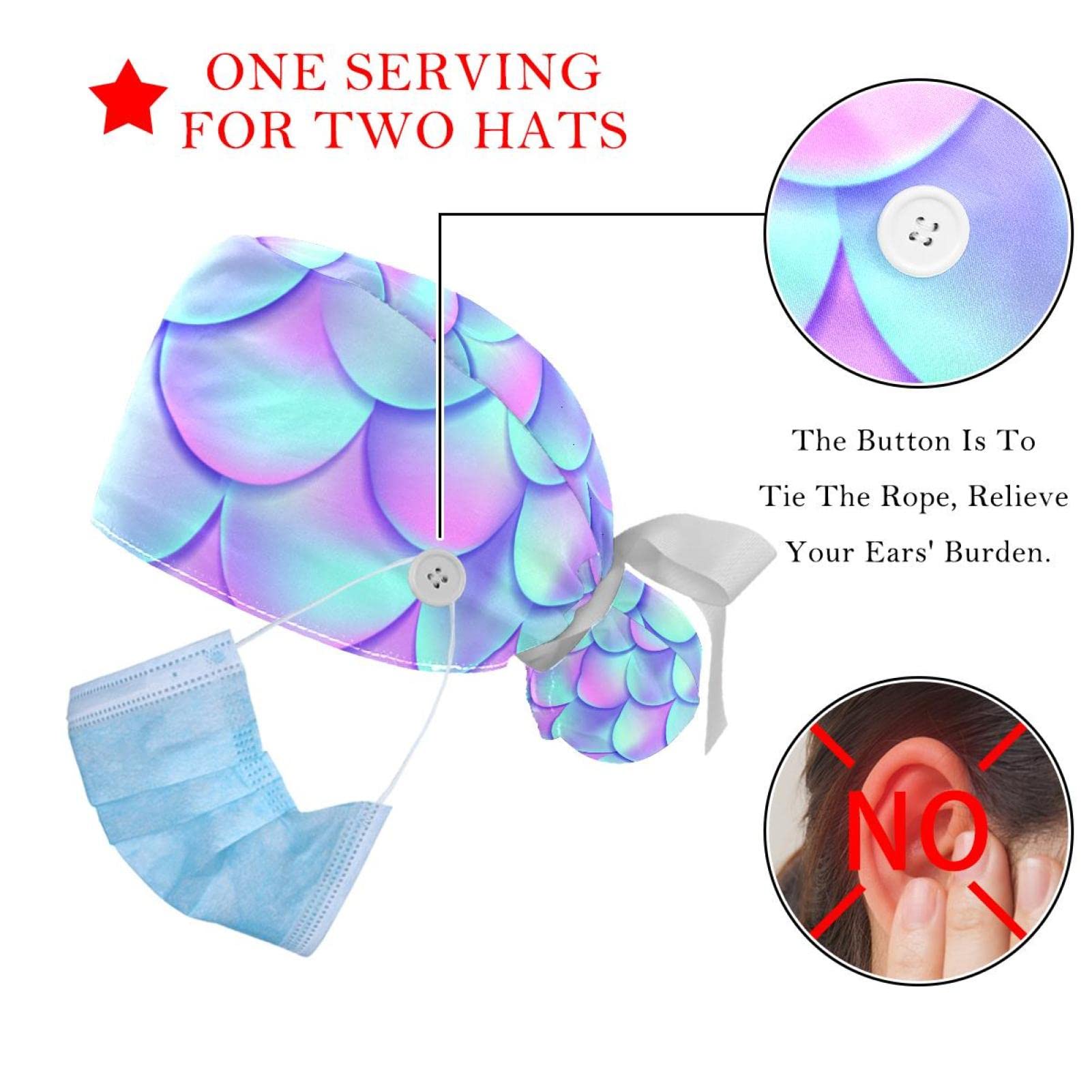 Fish Scales Mermaid Scrub Hats for Women & Men - 2 Pack Unisex Surgical Caps with Button & Sweatband for Long Hair | Comfortable Tie-Back Nurse Hats for Hospitals, Clinics & Medical Professionals