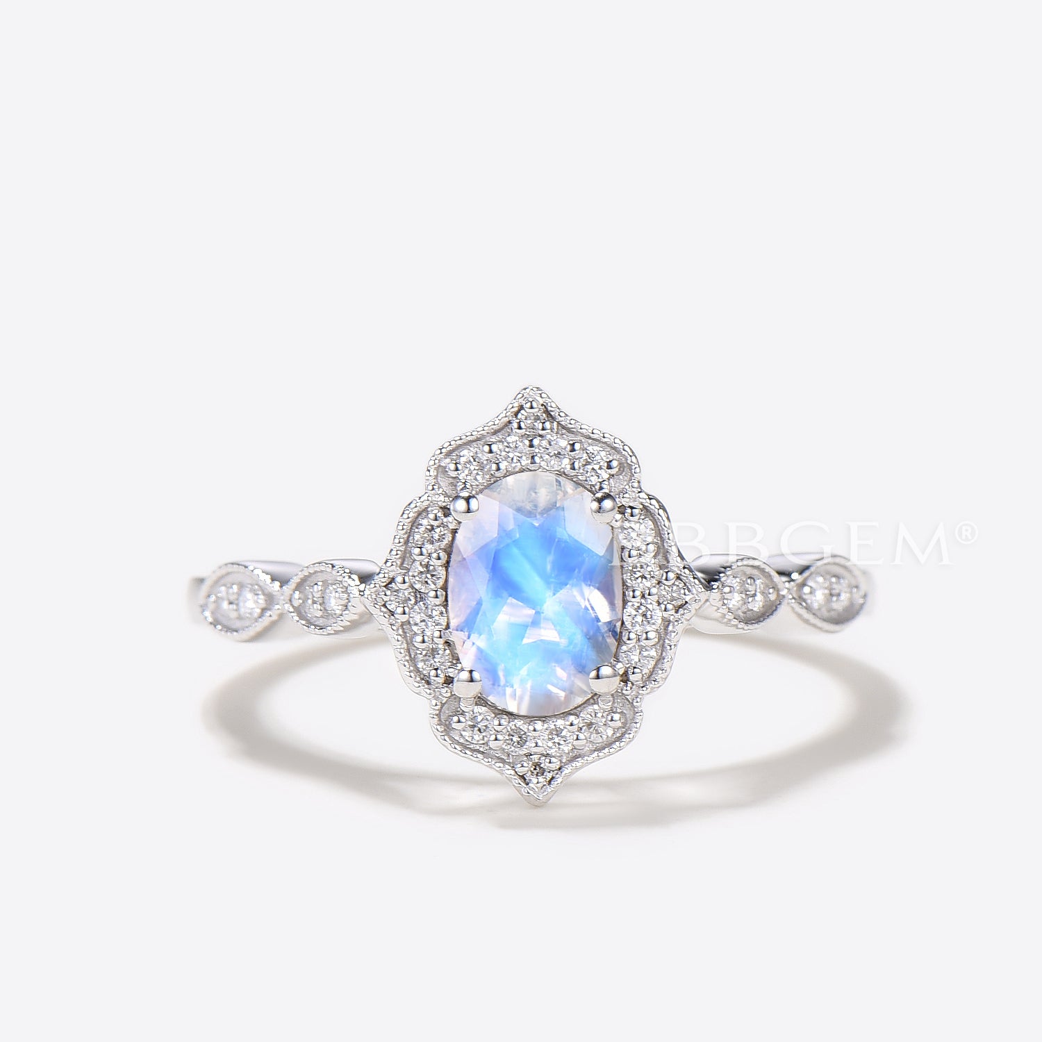 Vintage Moonstone Halo Engagement Ring - Rose Gold Milgrain Faceted June Birthstone Jewelry for Wedding, Proposal & Anniversary Gifts