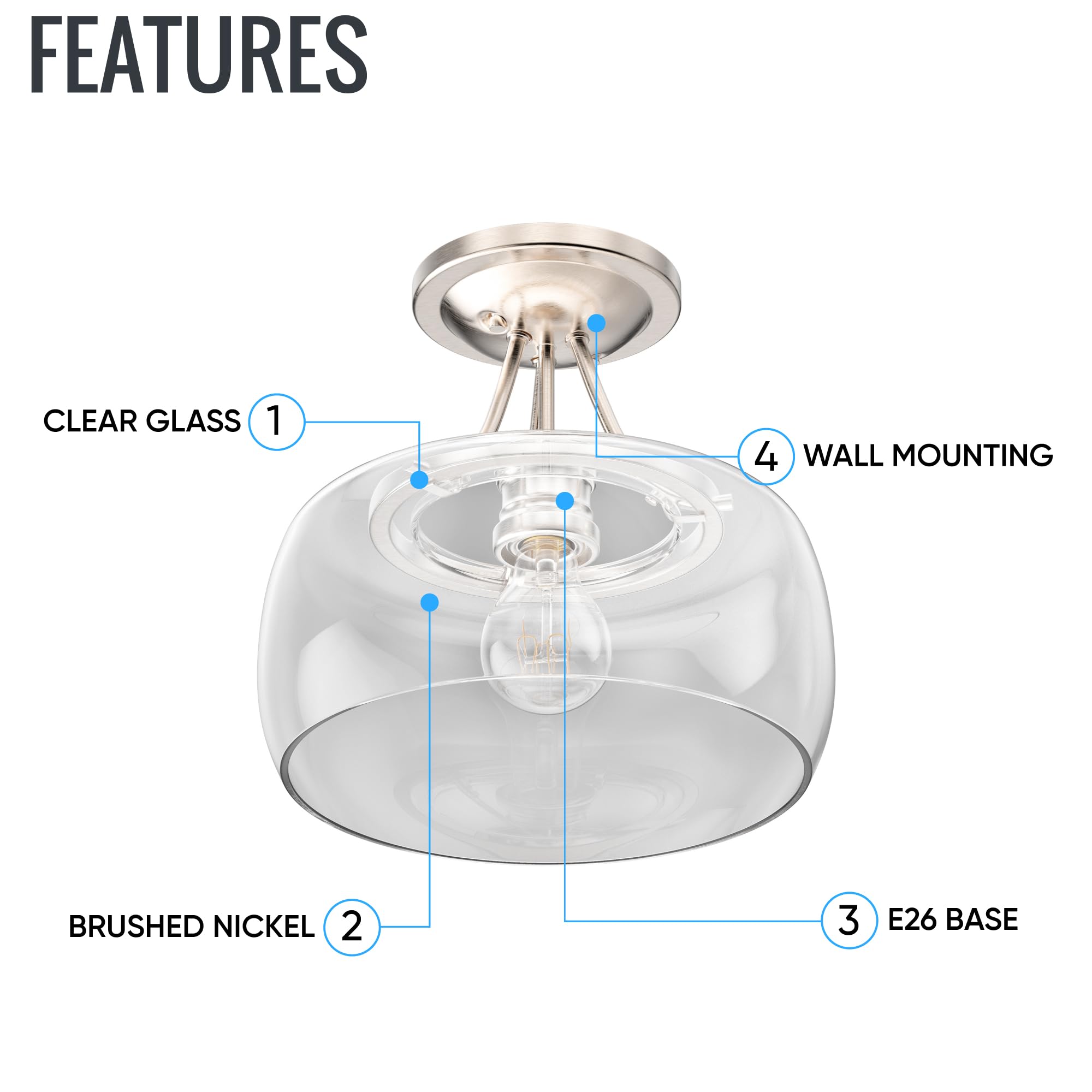 LEDMyplace 1-Light Semi Flush Mount Ceiling Light Fixture - Farmhouse Style with Clear Glass Shade & Brushed Nickel Finish - E26 Base (Bulb Not Included) - Perfect for Kitchen, Bedroom, Living Room, and Hallway Lighting