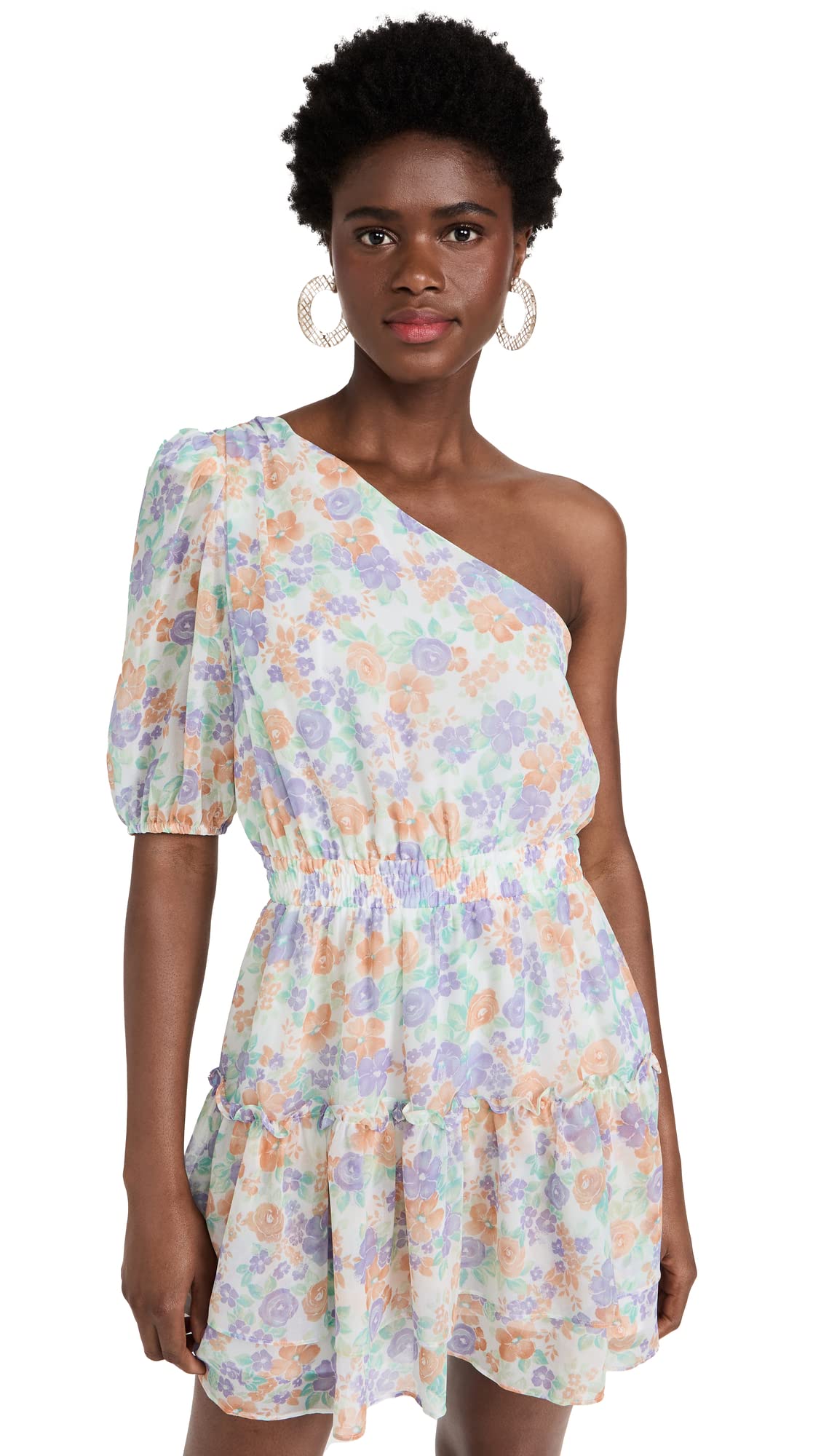 WAYF Women's One Shoulder Smocked Waist Tiered Mini Dress - Elegant Summer Party Cocktail Dress for Beach Vacations & Date Nights