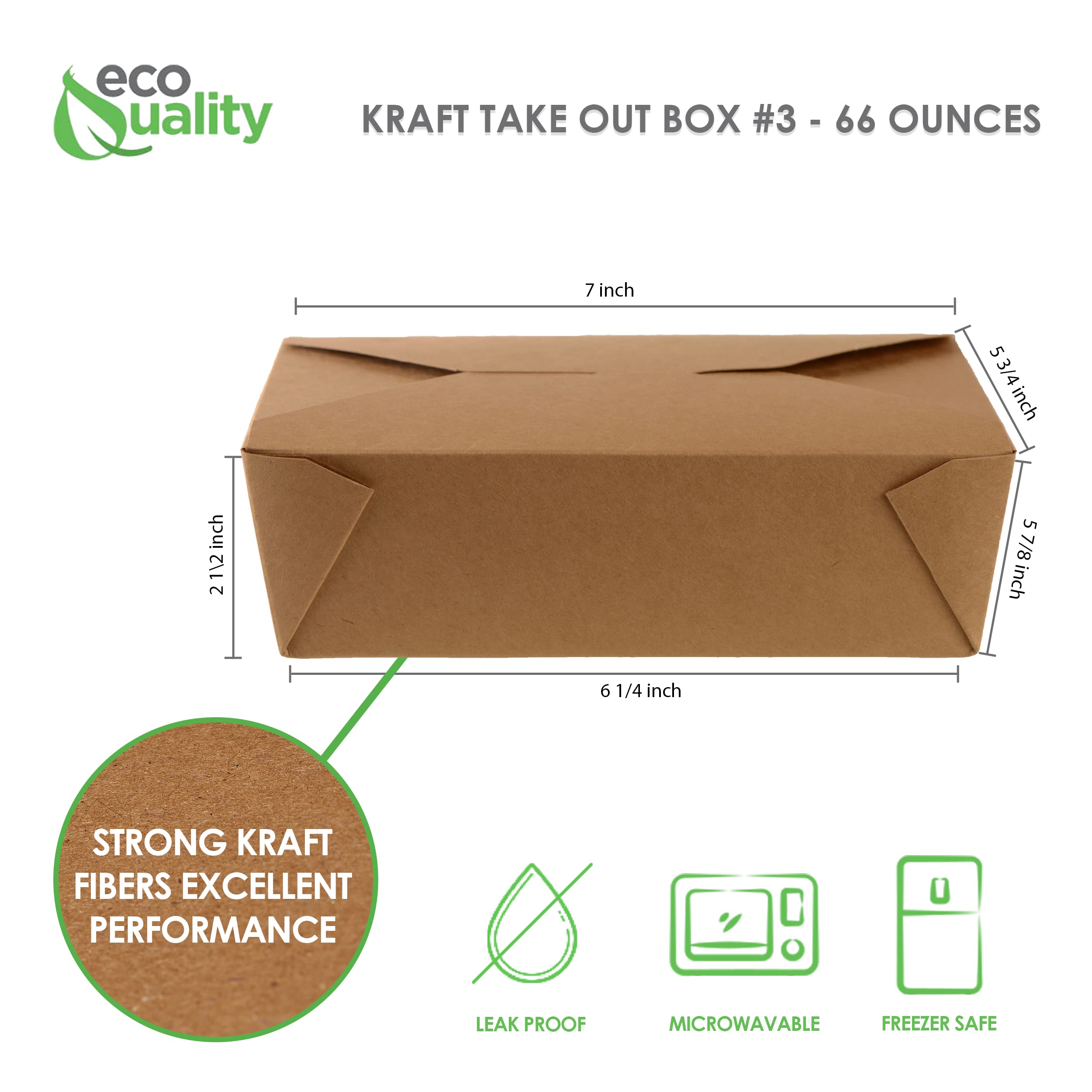 EcoQuality 200 Pack 66 oz Kraft Brown Microwaveable Take Out Food Containers - Leak & Grease Resistant To-Go Boxes for Restaurants, Catering, Food Trucks - Recyclable Lunch Boxes | Perfect for Takeout, Delivery, Picnics & Office Lunches