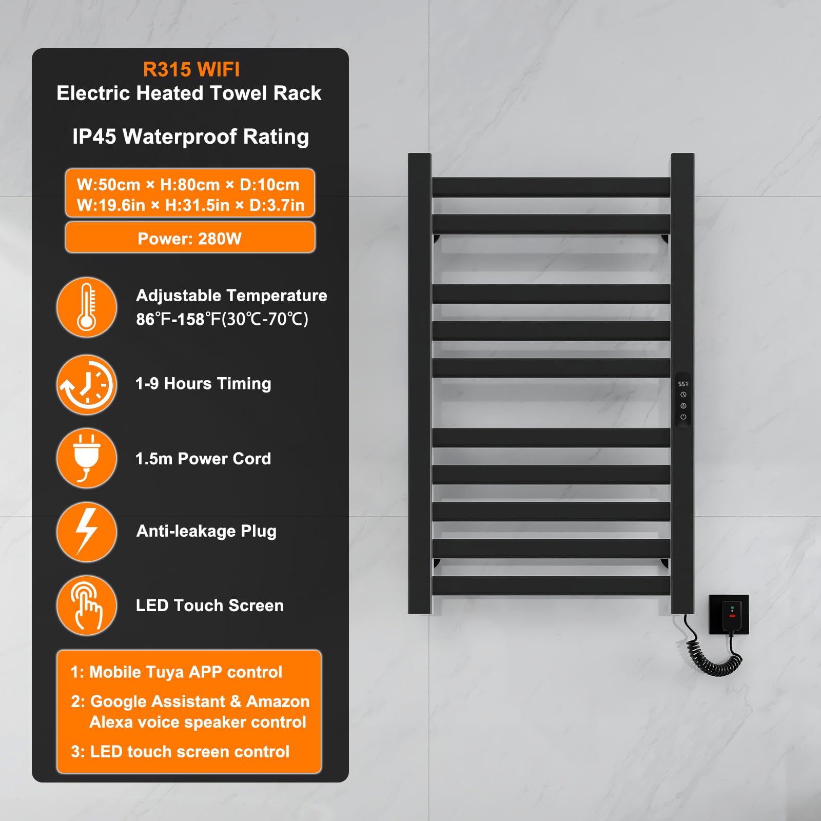 Smart WiFi Heated Towel Warmer Rack for Bathroom - Alexa & Google Home Compatible, TUYA App Control, Adjustable Timer (1H-9H) & Temperature (86℉-158℉) - Perfect for Spa-Like Luxury & Quick Drying - Black Right Side Installation
