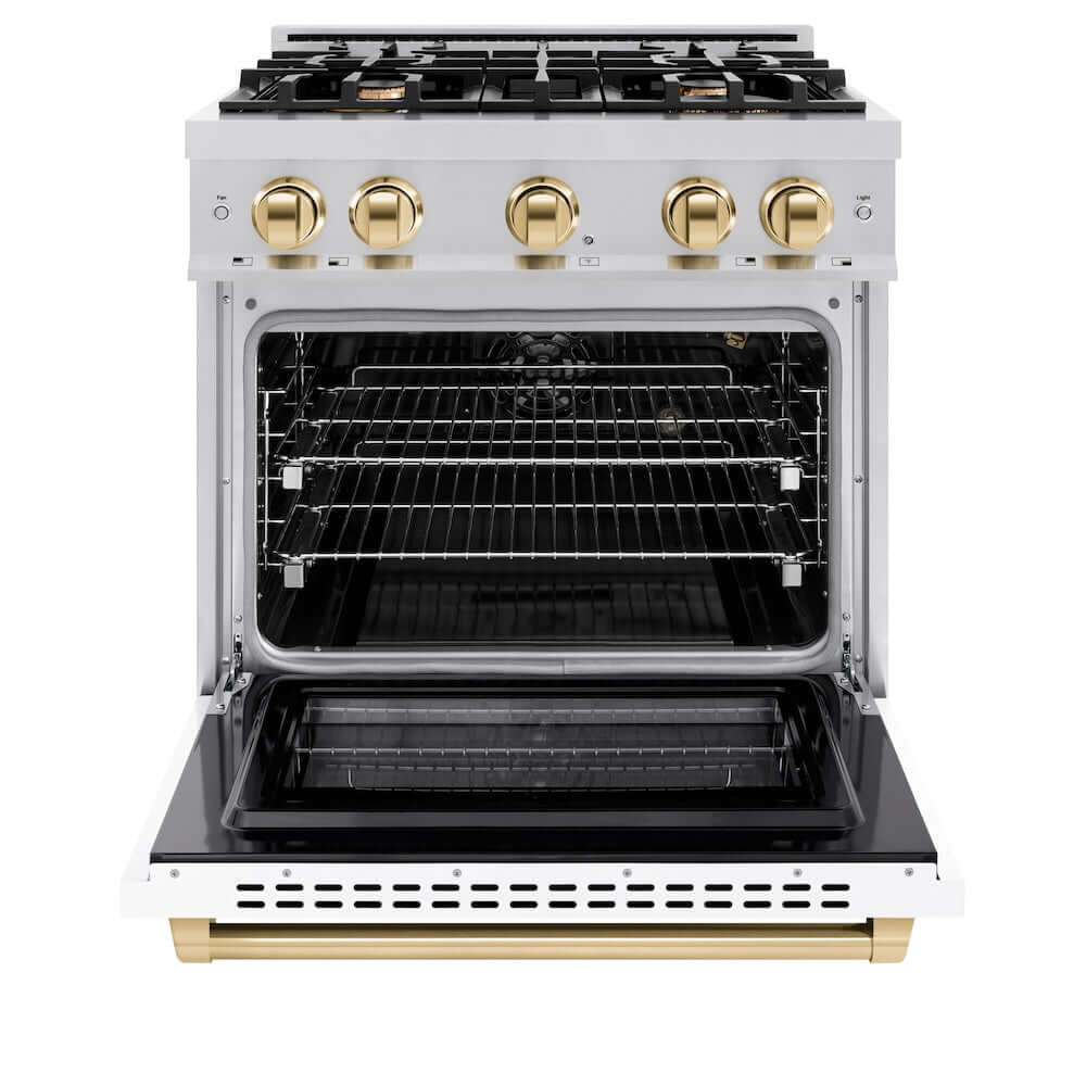 ZLINE Autograph Edition 30 Inch 4.2 cu ft Gas Range with 4 Burner Cooktop & Convection Oven - Stainless Steel with White Matte Door & Polished Gold Accents (HGRZ WM 30 G) - Perfect for Modern Kitchens, Home Chefs & Gourmet Cooking