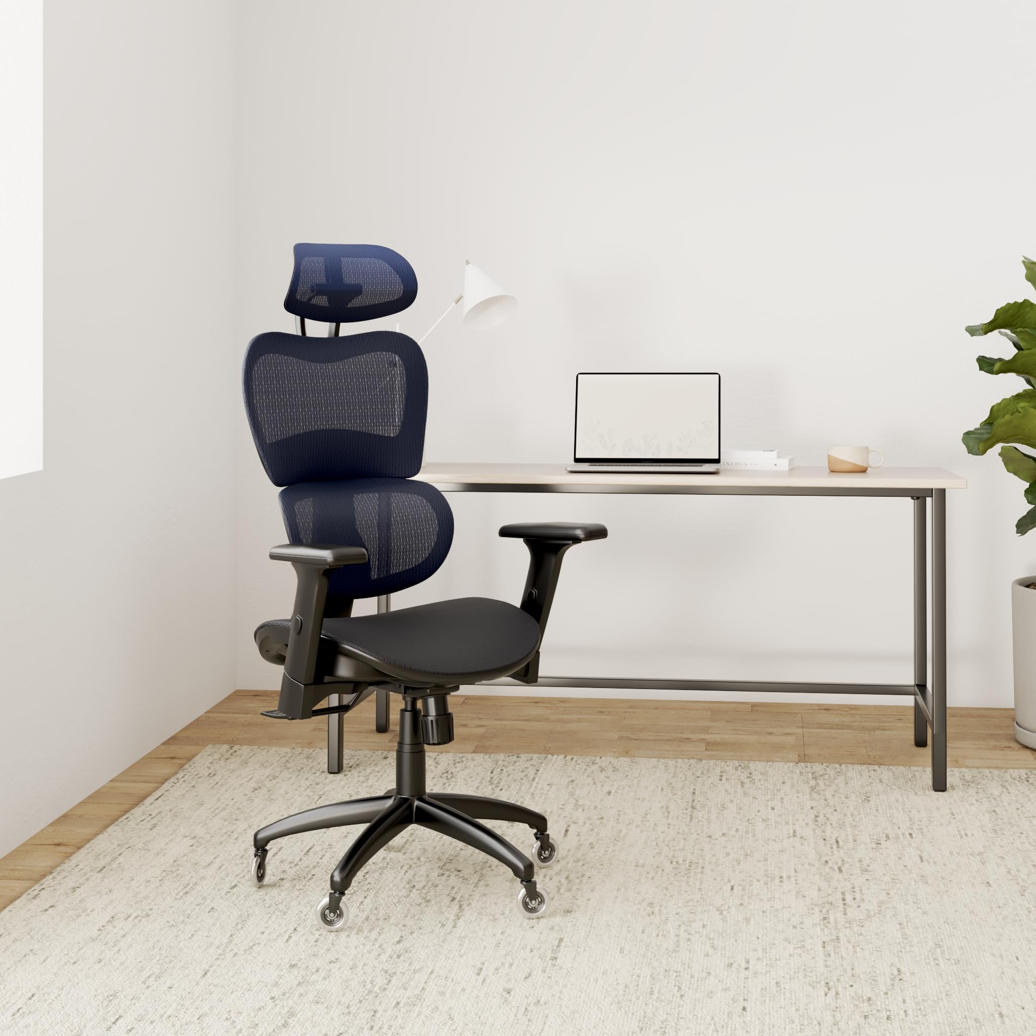 Nouhaus Ergo3D Ergonomic Office Chair with Lumbar Support - 4D Adjustable Armrests, Headrest & Wheels - Breathable Mesh High Back Desk Chair for Home & Office (Blue) - Perfect for Long Work Hours, Gaming & Remote Work