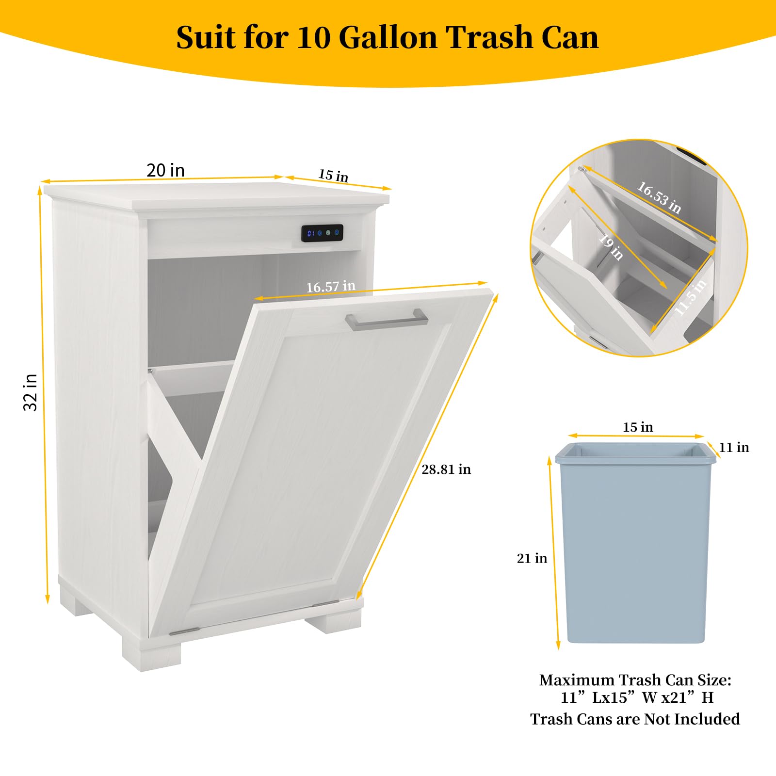 10-Gallon Tilt Out Trash Cabinet with Odor Control - White Wooden Freestanding Kitchen Garbage Can & Hidden Laundry Hamper for Home, Bathroom, and Pantry Organization