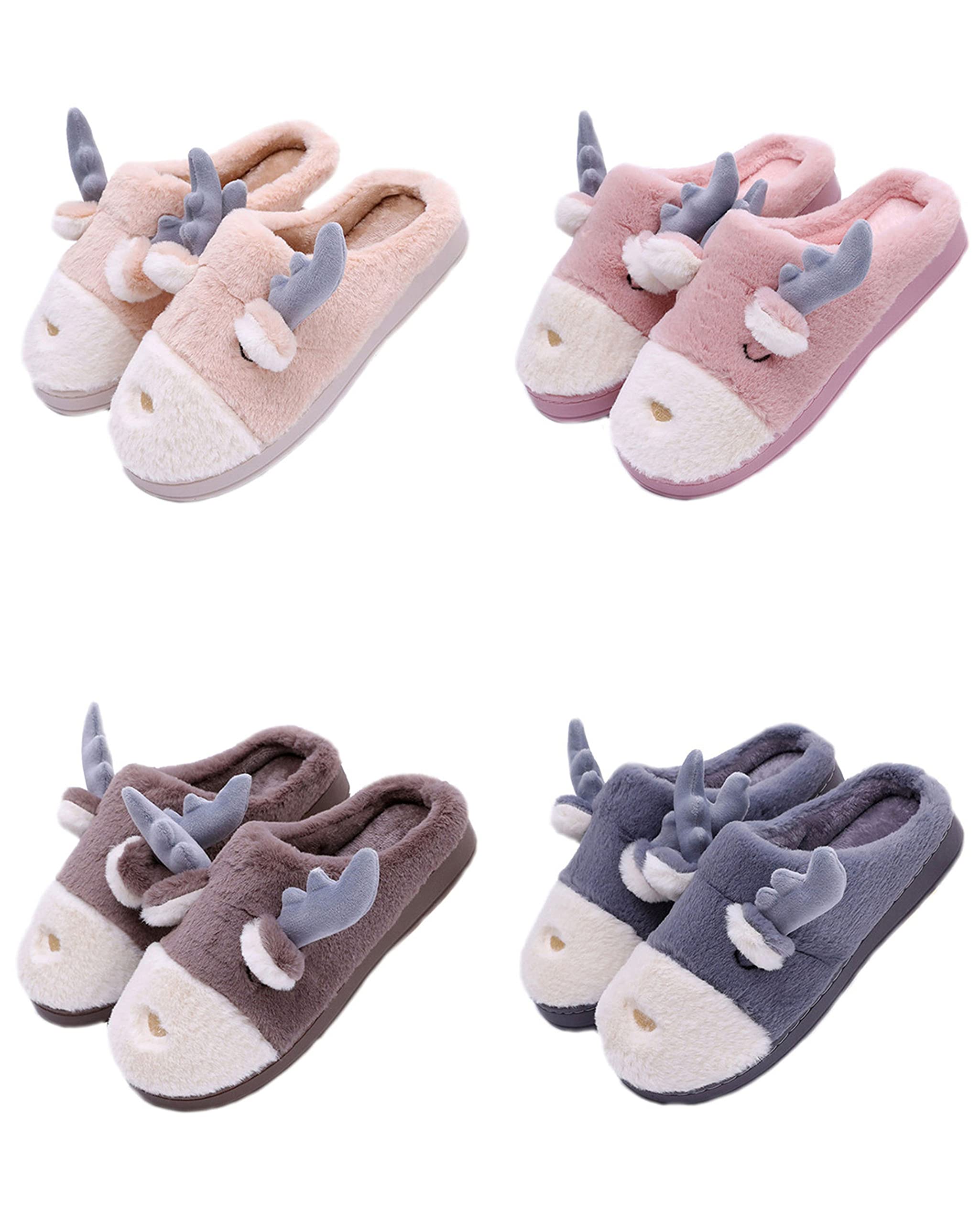 Women's Cute Elk Slippers - Cartoon Animal Fuzzy House Shoes for Winter, Warm & Cozy Furry Indoor Slippers - Perfect for Home, Lounge & Gift Giving
