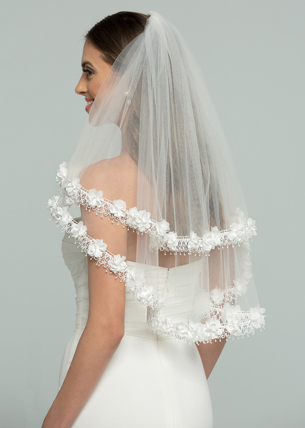 V1009 Elbow Length Wedding Veil With Lace Trim & Floral Accents - Perfect for Bridal Ceremonies, Photos & Special Occasions