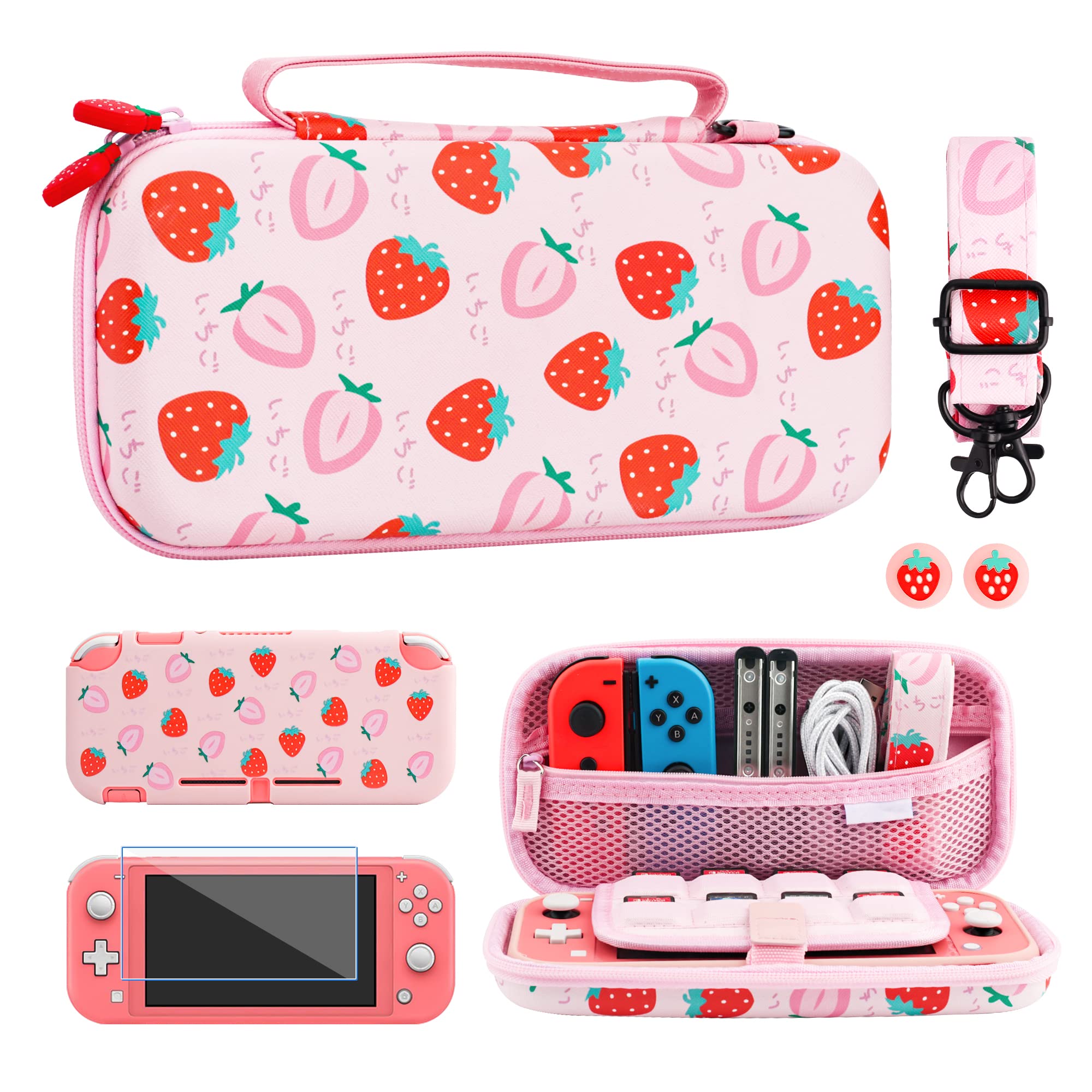 **FUNDIARY Nintendo Switch Lite Carrying Case - Pink Strawberry Design, Slim Portable Storage Bag with Soft TPU Cover, Shoulder Strap, Screen Protector & 2 Thumb Grips - Perfect for Travel, Gaming On-The-Go & Protective Storage**