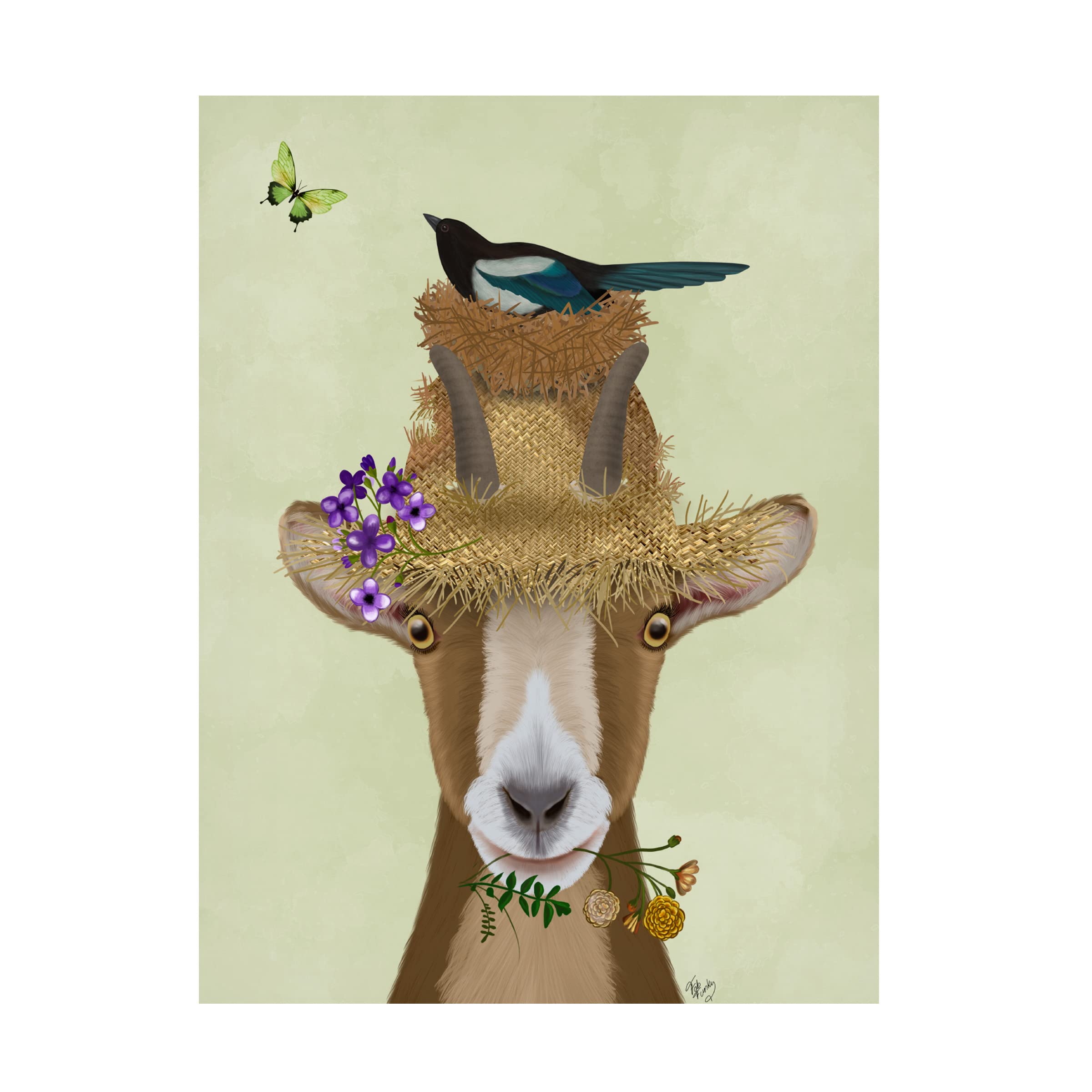 Fab Funky 'Goat In Straw Hat' Canvas Wall Art Print - Farmhouse Animal Decor for Living Room, Bedroom & Office