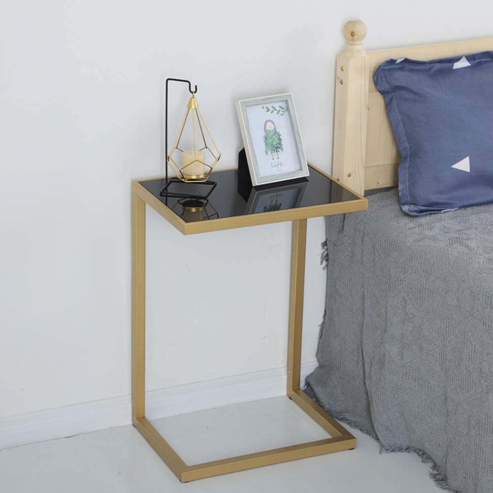 25in Sofa Side Table Snack Table - C-Shaped End Table with Tempered Glass Top, Sturdy Wrought Iron Frame - Portable Laptop Desk for Living Room, Bedroom, Office & Dorm - Perfect for Snacking, Reading & Working from Home