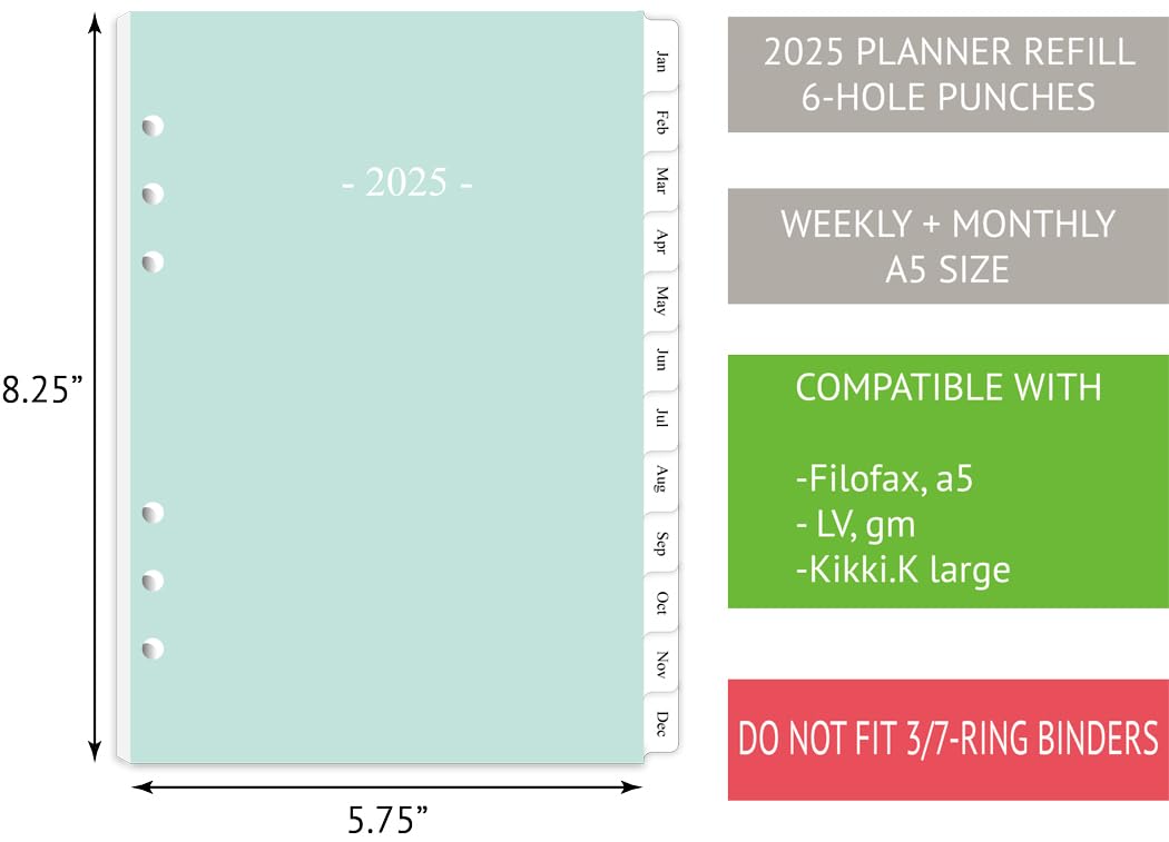 Newestor 2025 Weekly & Monthly Planner Refill for A5 Ring Binder - January 2025 to December 2025 Calendar - 5.75
