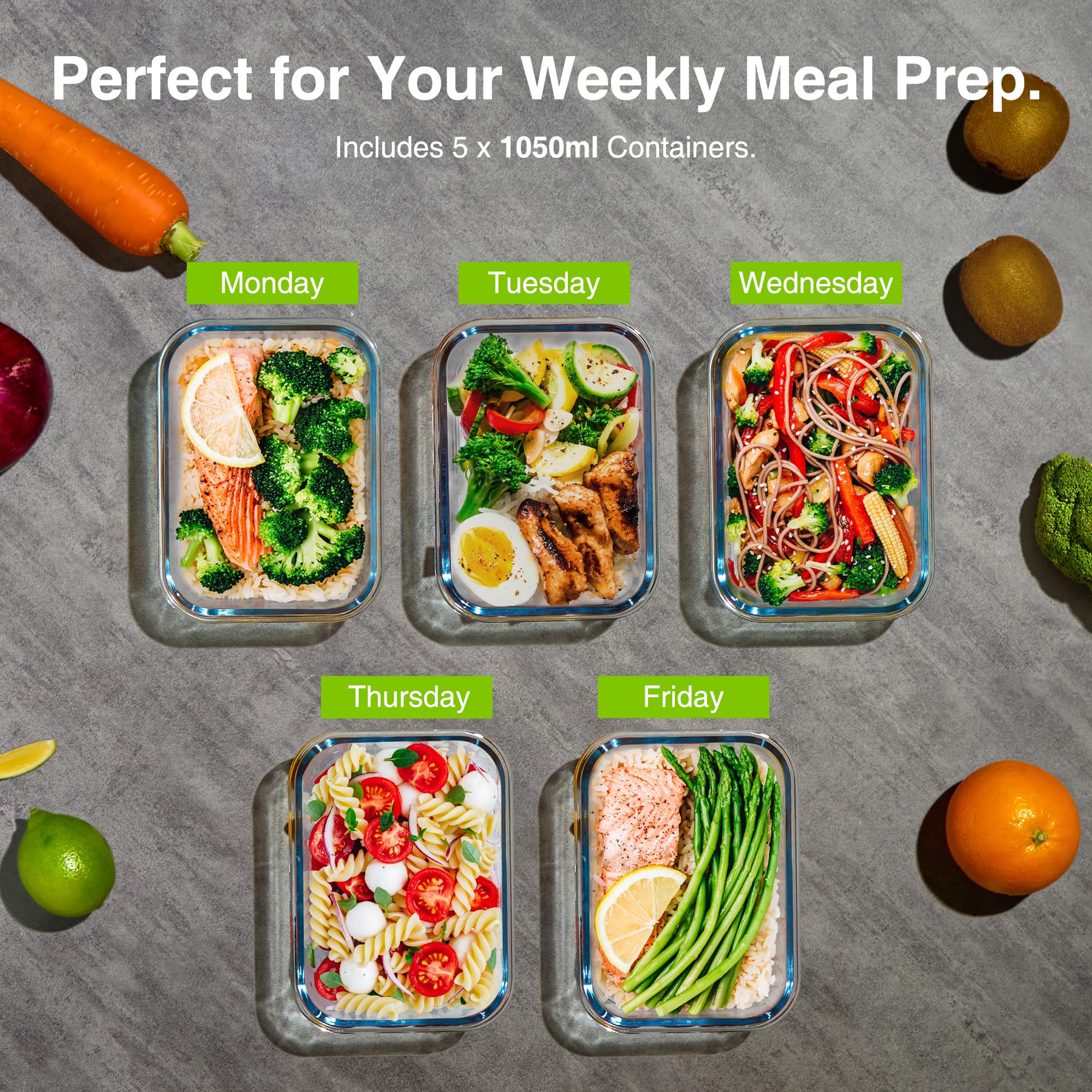VonShef 5-Piece Glass Meal Prep Containers with Lids - 1L Airtight Food Storage Containers, Oven & Dishwasher Safe, Leakproof for Lunch Boxes & Batch Cooking - Perfect for Meal Prepping, Leftovers & Office Lunches