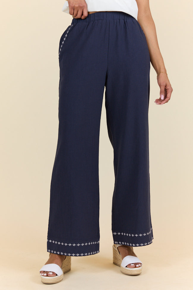 Just Feels Right Navy Blue Embroidered Casual Pants for Women - Comfortable & Stylish - Perfect for Work, Travel & Everyday Wear - FINAL SALE