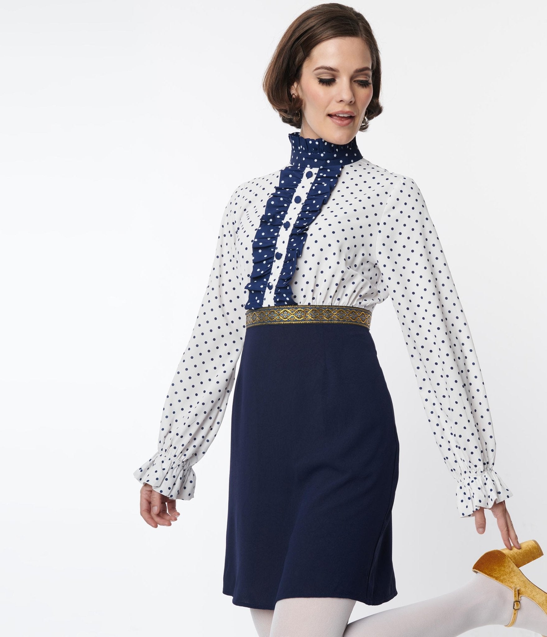 Smak Parlour White & Navy Ruffle Neck Empire A-Line Dress for Women | Elegant Summer Cocktail Party & Wedding Guest Outfit