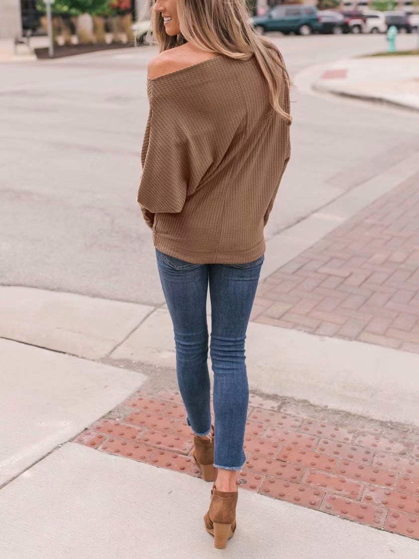 Lacozy Women's Off Shoulder Waffle Knit Oversized Sweatshirt - Long Sleeve Tunic Pullover Sweater for Casual Wear & Layering | Perfect for Fall Outfits, Date Nights and Weekend Comfort