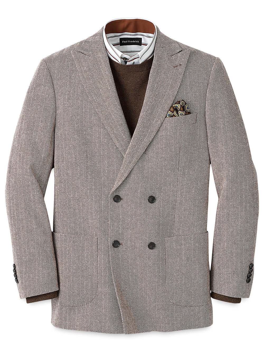 Premium Wool Blend Herringbone Double Breasted Peak Lapel Sport Coat for Men - Ivory/Brown Checkered Pattern | Formal Business Attire, Office Wear & Wedding Suit Jacket