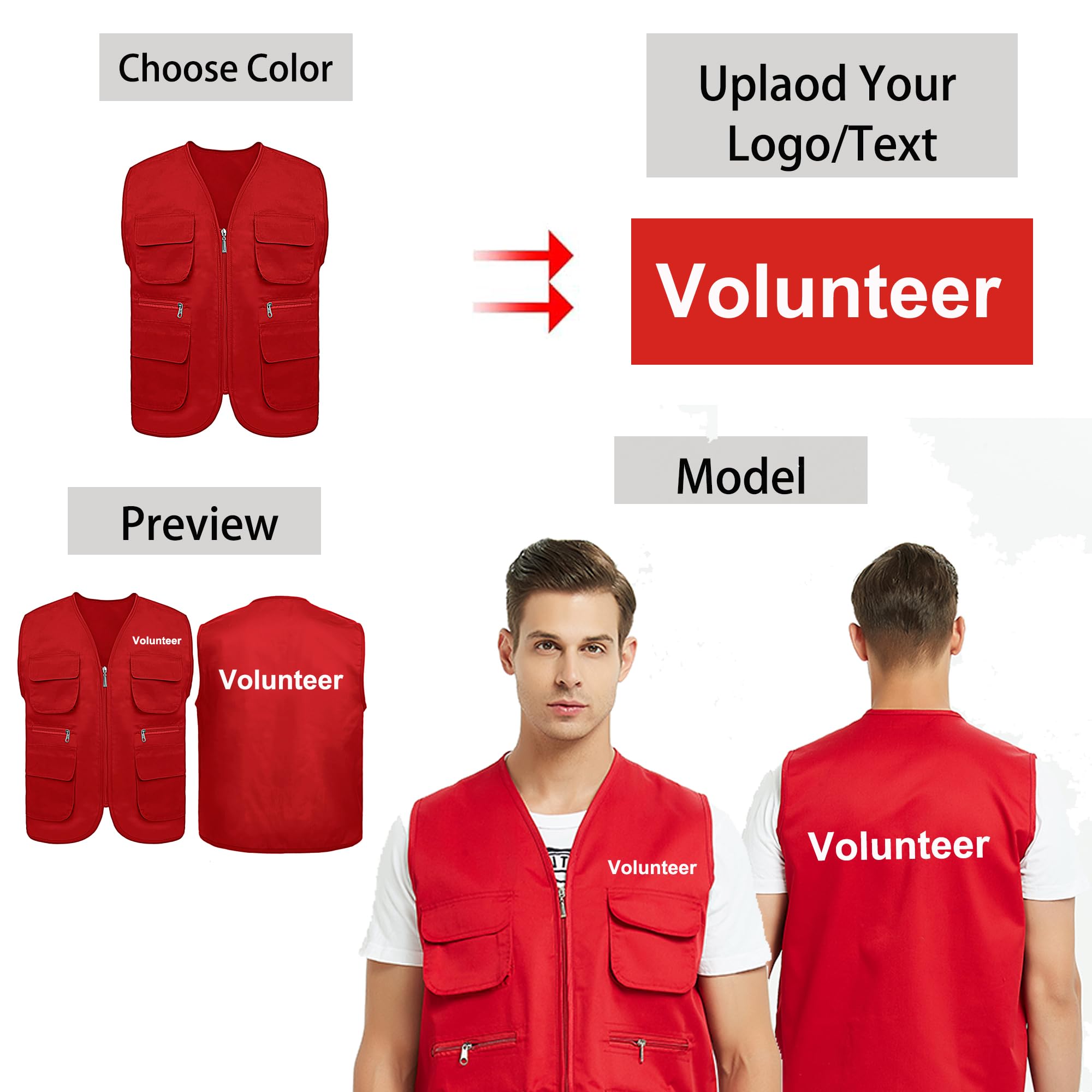 TopTie Custom Supermarket Volunteer Vest - Heat Transfer Printed Multi-Pocket Work Apron for Grocery Store Staff & Community Service Volunteers | Durable & Functional for Food Banks, Charity Events & Retail Assistance