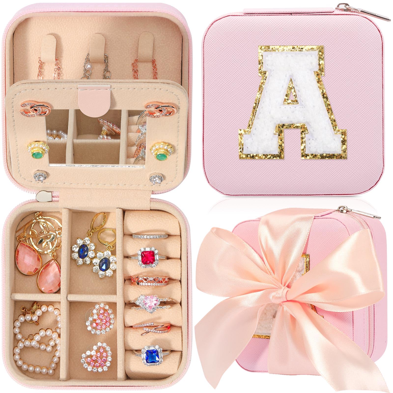CHMI Pink Travel Jewelry Organizer Box - Perfect Gift for Women & Girls (Initial A) - Ideal for Travel & Storage