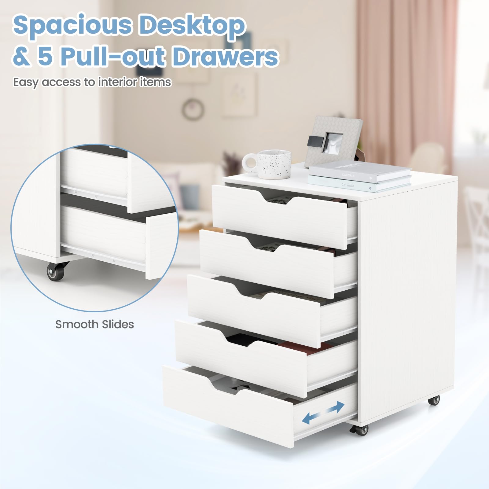 5-Drawer Mobile File Cabinet with Universal Wheels - White Office Storage Cabinet, Vertical Printer Stand & Rolling Storage Organizer for Home & Office Use - Perfect for Documents, Supplies & Workspace Organization