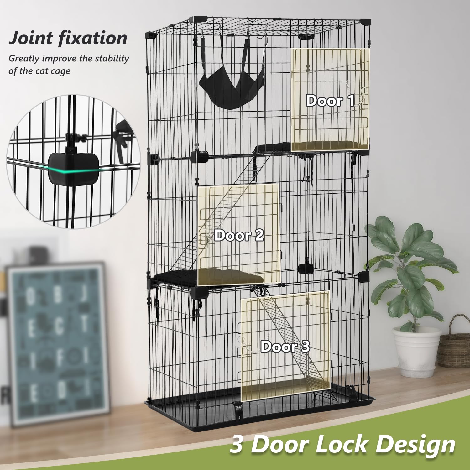**FDW 3-Tier 67-Inch Collapsible Cat Cage - Indoor & Outdoor Cat Enclosure with Secure Lock, Hammock Bed, Front Doors, Ramp & Perching Shelves - Perfect for Playtime, Training & Safe Outdoor Exploration (Black)**