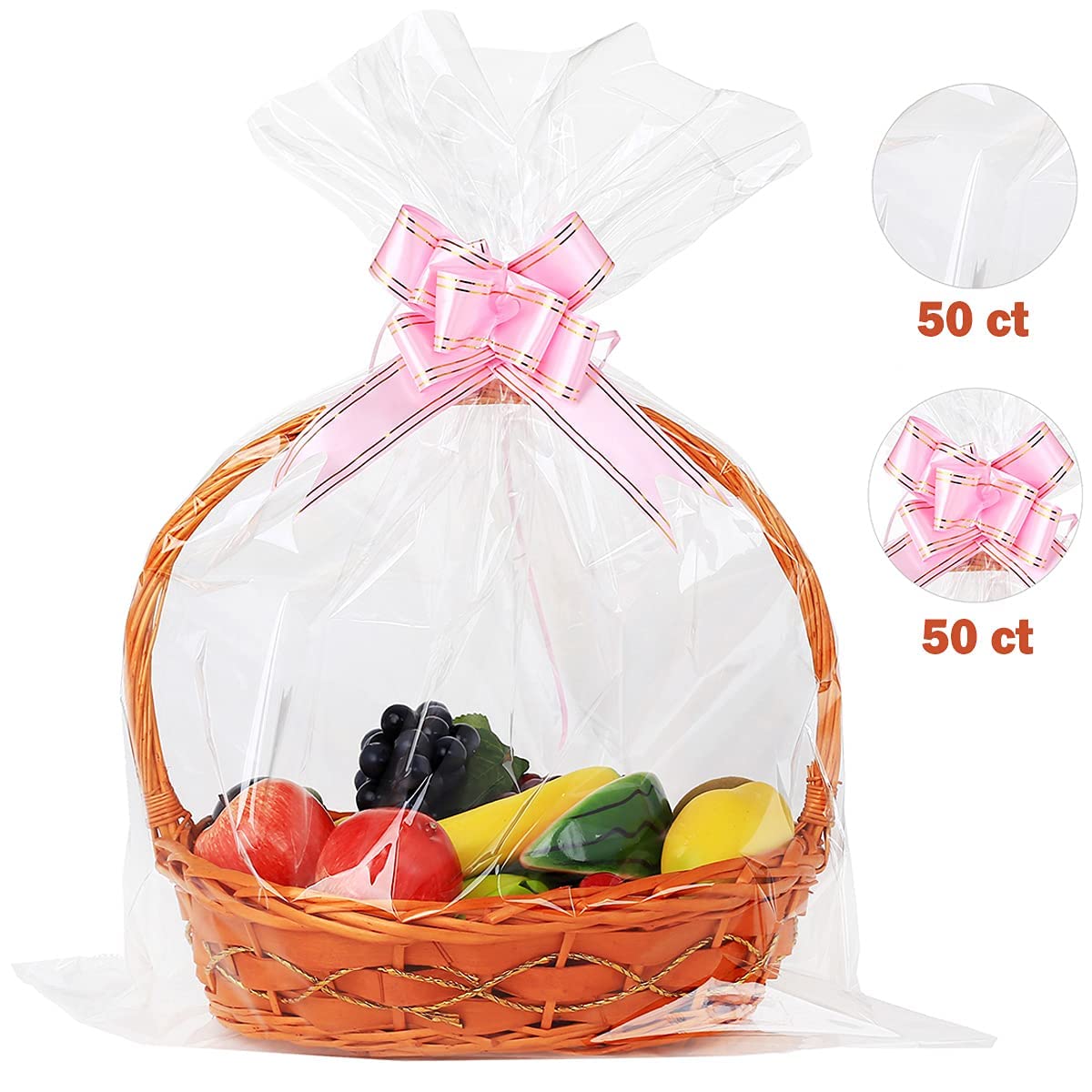 50 Pack Large Clear Cellophane Bags 18x24 Inches - 2.3 Mil Thick Gift Wrapping Bags for Fruit Baskets, Treats, Arts & Crafts | Includes 50 Ribbon Bows | Perfect for Party Favors, Wedding Decorations & Holiday Gift Wrapping