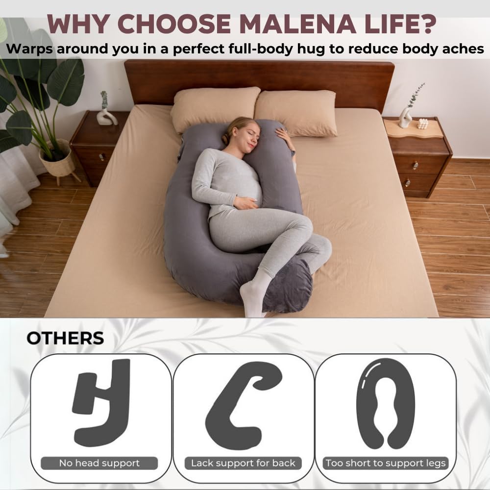 Malena Life G-Shaped Pregnancy Pillow with 2 Removable Covers | 50-inch Ergonomic Full Body Pillow for Sleeping, Maternity Support & Post-Surgery Recovery - Grey Velvet & Blue Cotton | Perfect for Side Sleepers, Pregnant Women & Recovery Patients