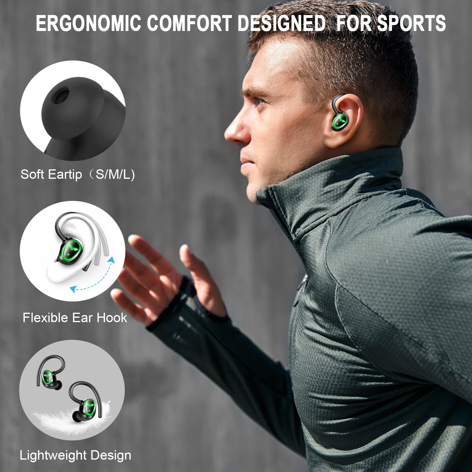 **Wireless Earbuds Bluetooth 5.3 with Dual Mic Noise Cancelling, IP7 Waterproof Sport Earhook Headphones, 48H Playtime & LED Display, USB-C Charging – Perfect for Running, Gym & Travel**