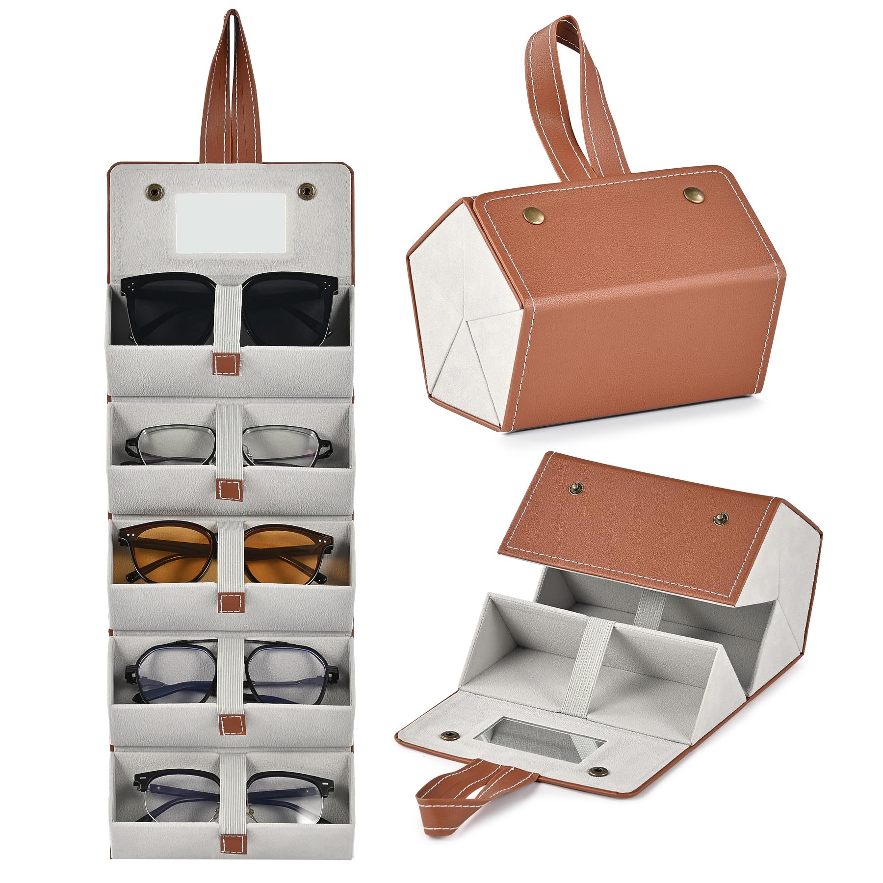 CO-Z Foldable Sunglasses Case - 5 Slots with Mirror for Travel & Home Storage