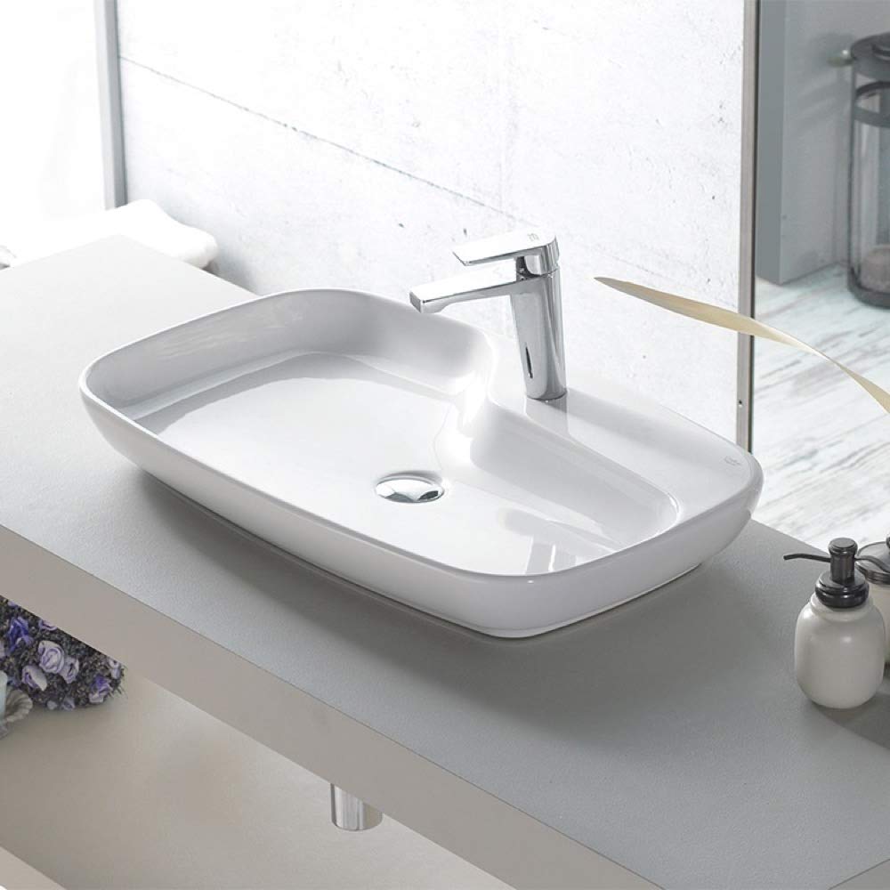 CeraStyle 074400-U One Hole White Rectangular Ceramic Vessel Sink - Modern Bathroom Vanity for Powder Room, Guest Bath & Master Suite