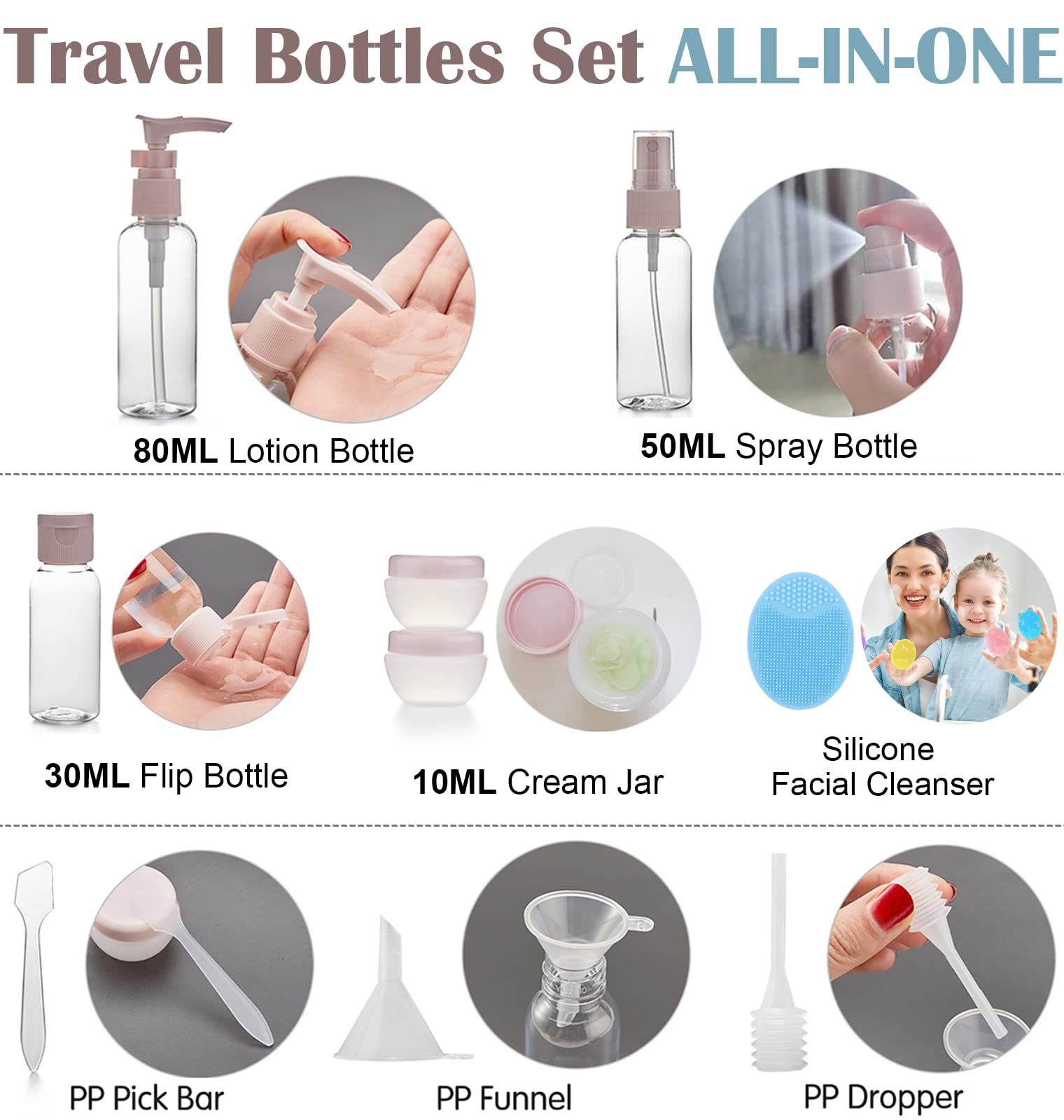 KAYZON 12-Pack TSA Approved Travel Bottles Set - Leak Proof Silicone Squeezable Spray Bottles & Jars for Shampoo, Lotion, Body Wash - Perfect for Airplane Carry-On, Gym, Camping & Vacation Toiletries