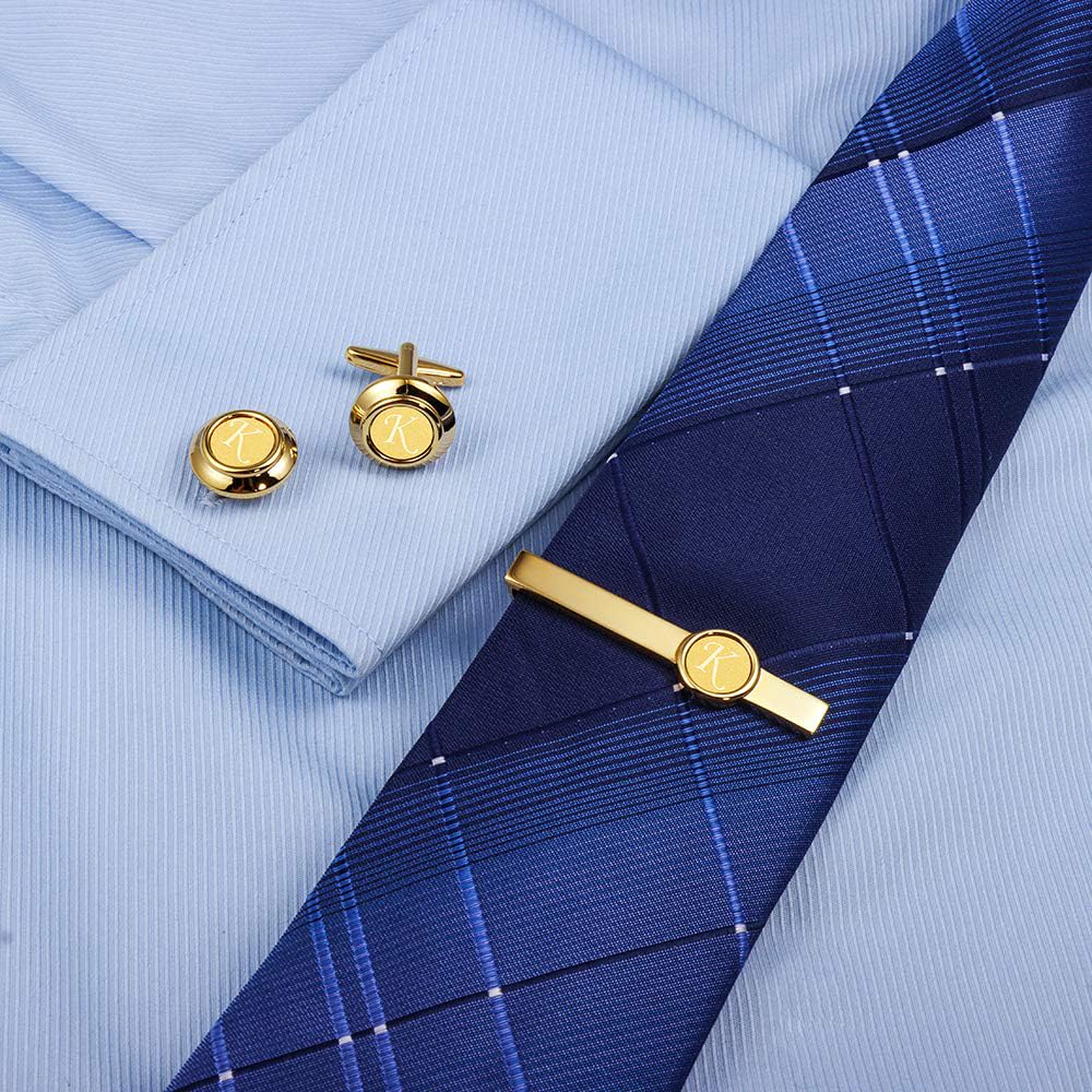 HAWSON 2 Inch Gold Engraved Letter Tie Clips and Cufflinks Set for Men - A-Z Monogram Formal Business Wedding Accessories - Perfect for Office, Groomsmen Gifts & Special Occasions