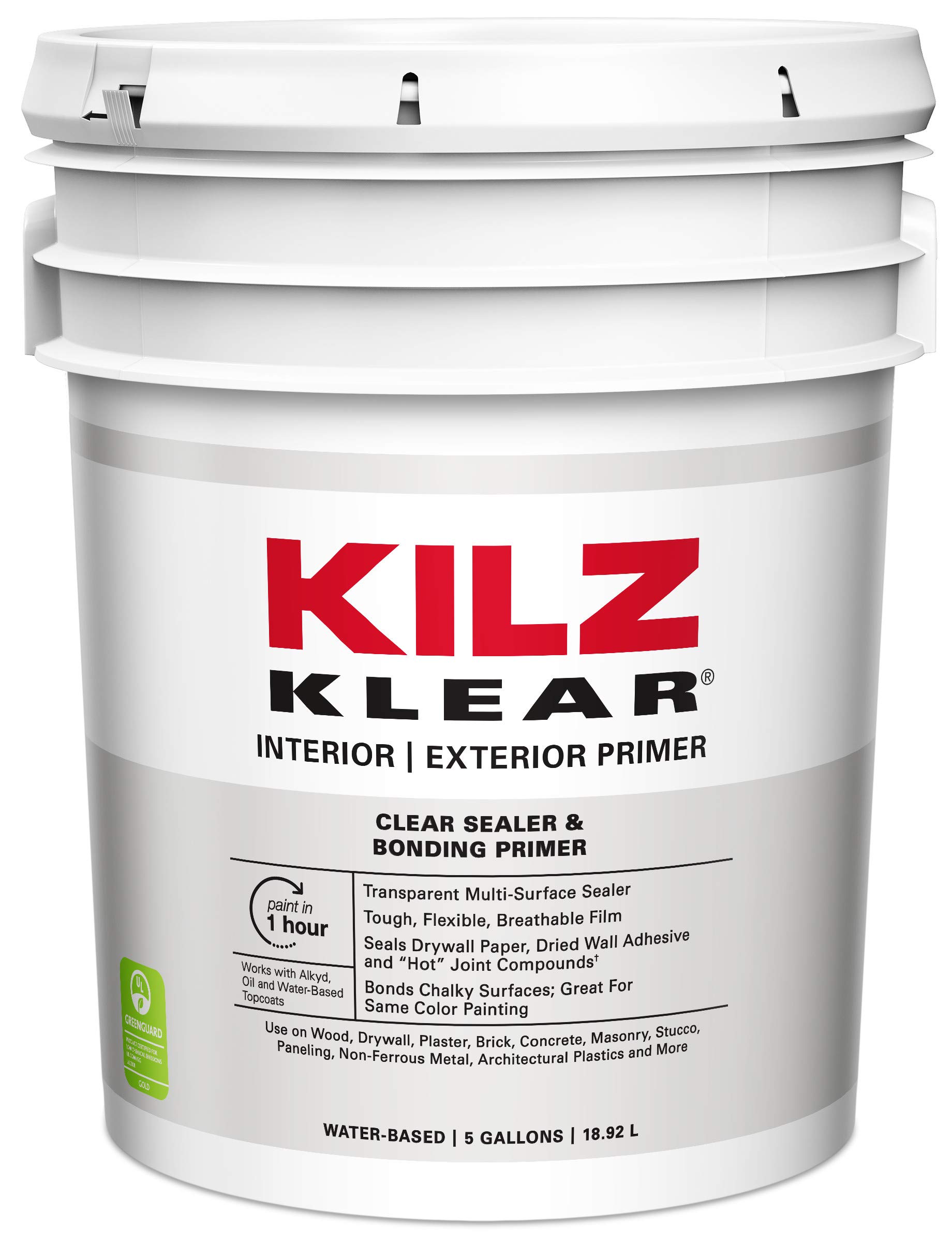 KILZ Klear Primer - Clear Interior & Exterior Paint Primer - 5 Gallon - Perfect for Walls, Wood, Metal & Masonry Surfaces - Water-Based & Low VOC Formula