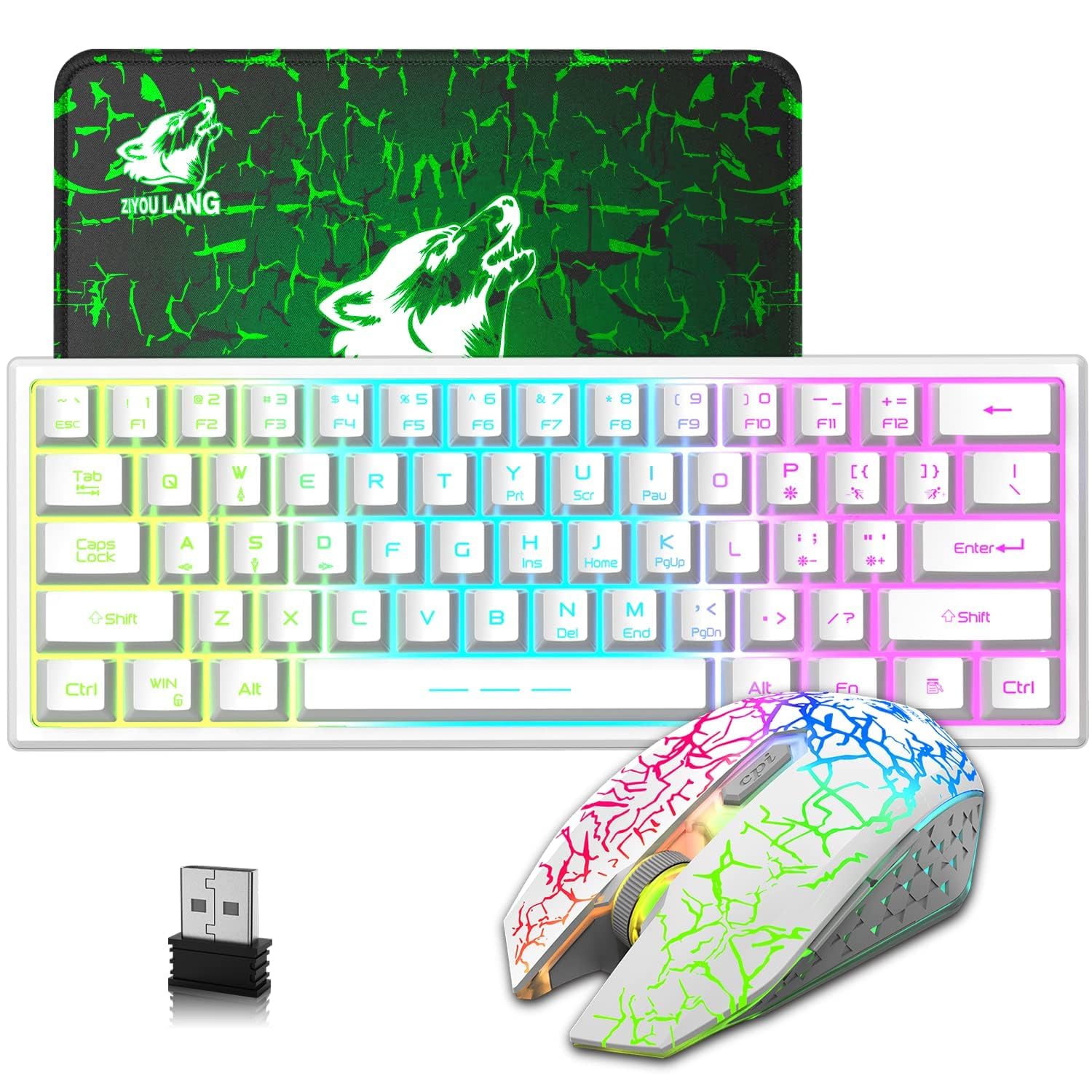 60% Compact Wireless Gaming Keyboard and Mouse Set with RGB Rainbow Backlight, 3800mAh Type-C Rechargeable, Mechanical Feel, Green Mouse Pad - Perfect for PC, Laptop, PS4 Gaming (White)