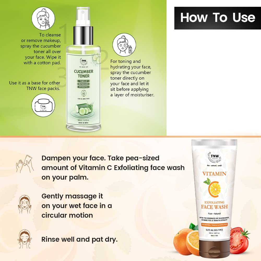 Vitamin C Exfoliating Face Wash & Cucumber Toner Set (100ml Each) for Glowing Skin - Natural Skincare Combo with No Harmful Chemicals | Gentle Cleanser & Makeup Remover | Perfect for Daily Skincare Routine & Post-Workout Refresh