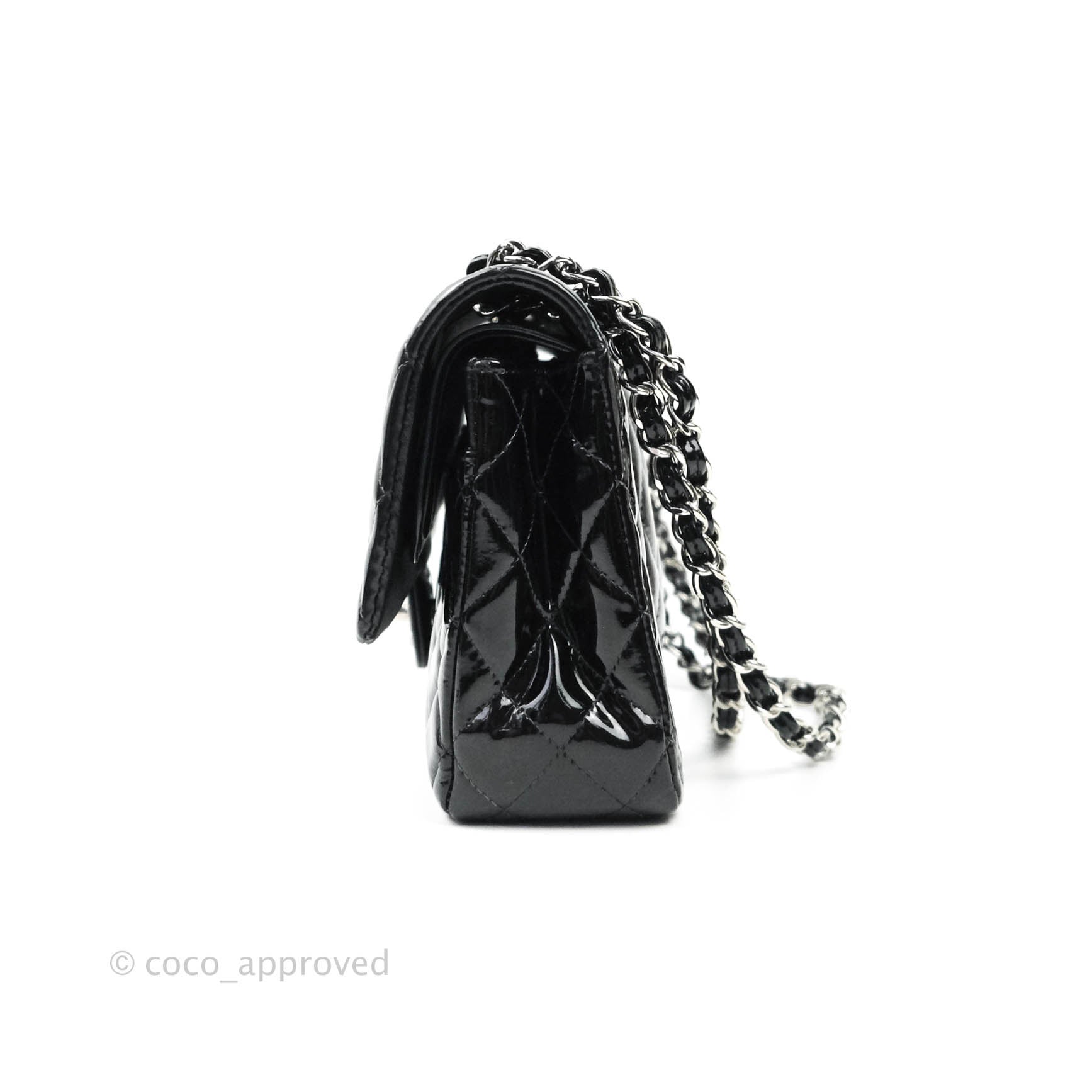 Chanel Classic Medium Double Flap Bag Black Patent Leather with Silver Hardware - Luxury Handbag for Women, Perfect for Work, Evening Events & Special Occasions
