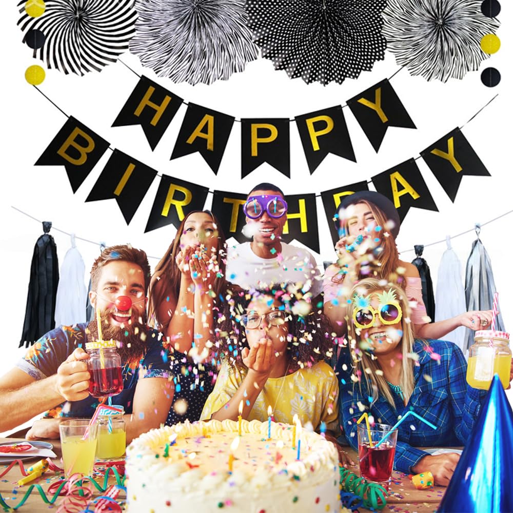 Black and Gold Happy Birthday Banner for Men - Premium Birthday Party Decorations with Paper Fans, Tassels & Dot Garland - Perfect for Adult Birthday Parties, Milestone Celebrations & Man Cave Decor