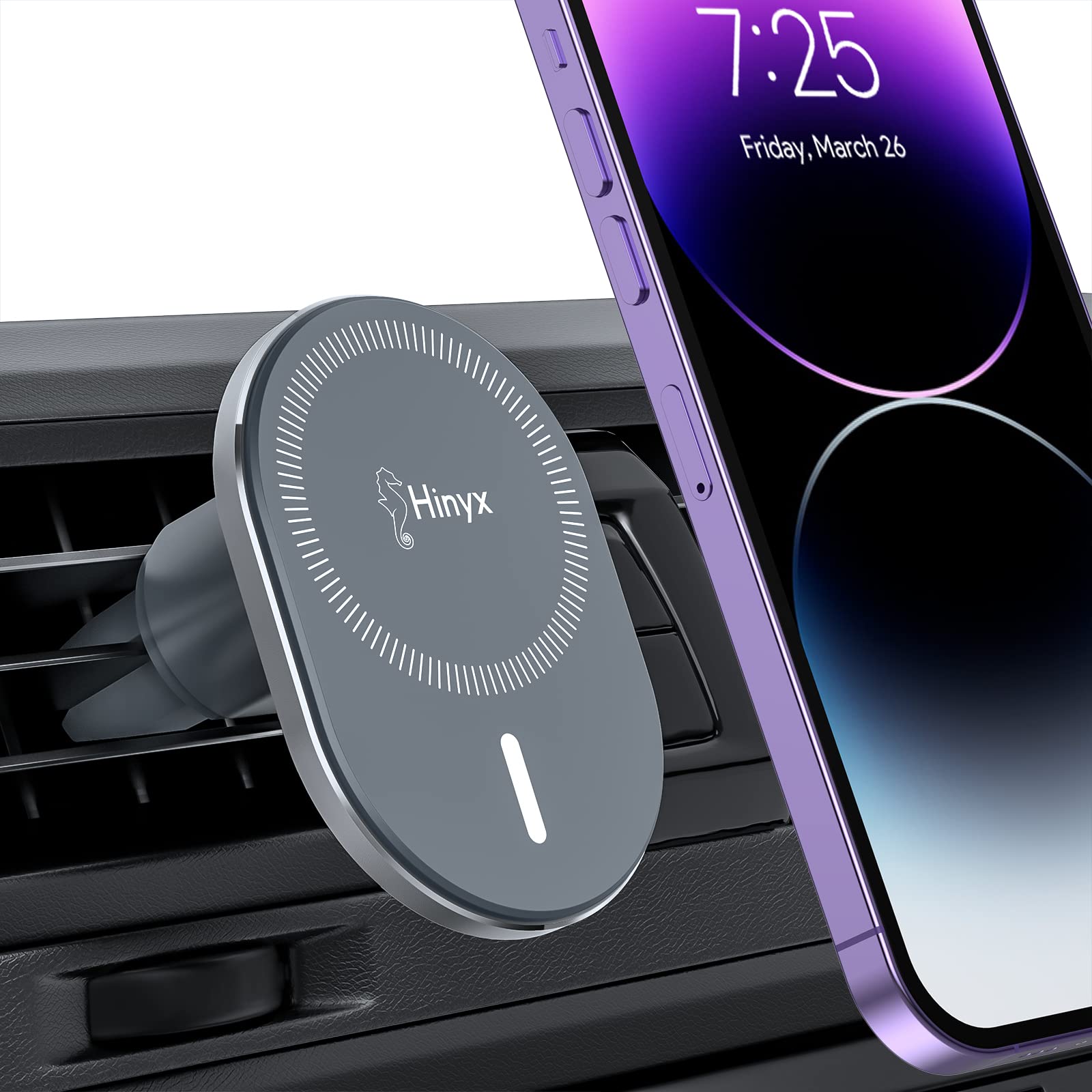 Hinyx MagSafe Car Mount - Strong Magnetic Phone Holder for iPhone 15/14/13/12 Pro Max/Mini/Plus & All Smartphones | Secure Air Vent Installation | Compatible with MagSafe Cases & Metal Rings | Perfect for Safe Driving & Hands-Free Navigation