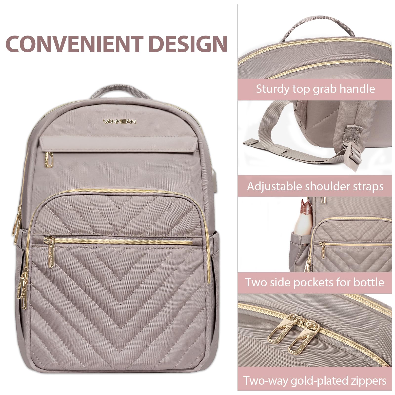 VANKEAN 15.6 Inch Laptop Backpack for Women - USB Charging Port, Waterproof Travel Bag, Stylish Work Backpack for College & Business (Light Dusty Pink) - Perfect for Commuting, Office Work & School Use